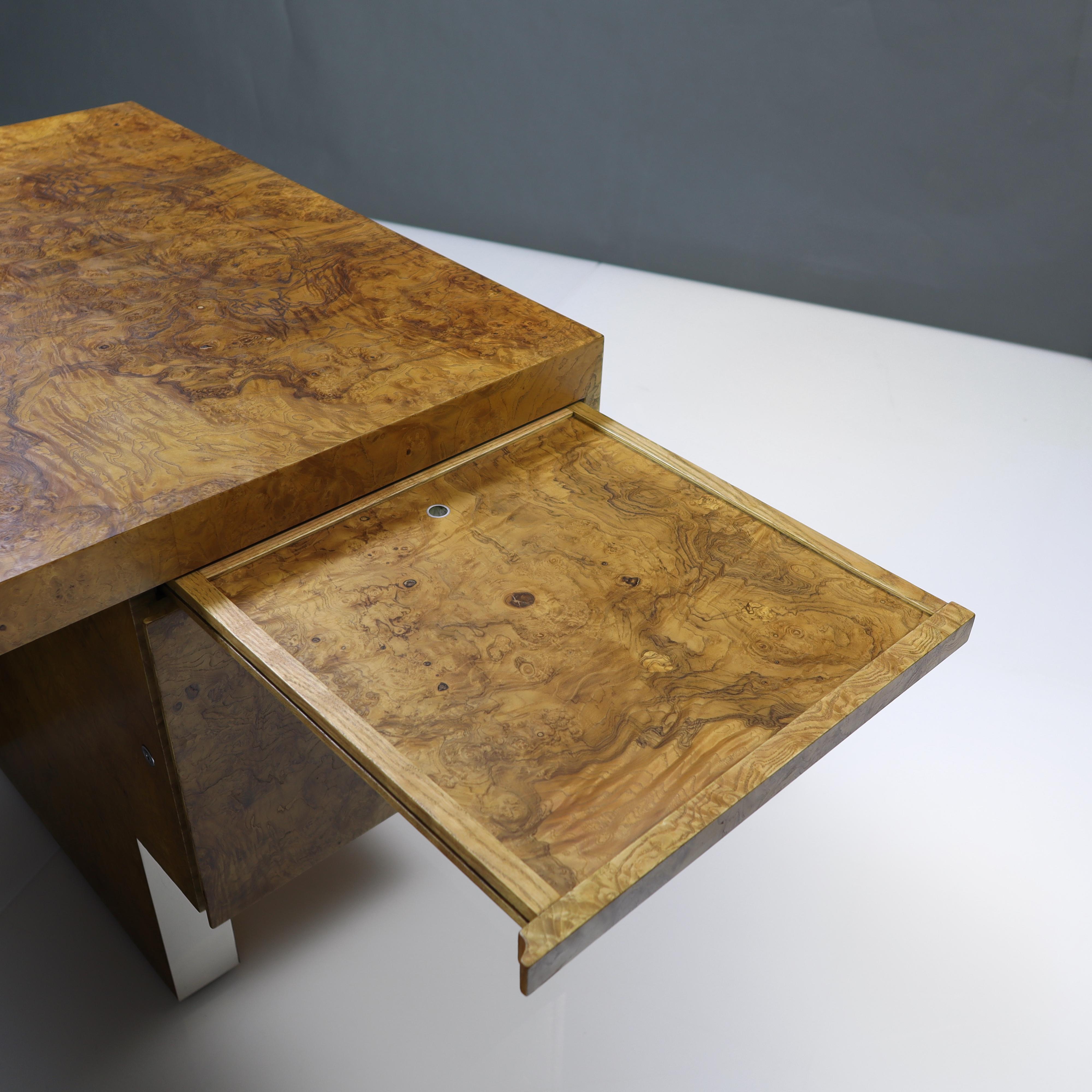 Mid-Century Modern Executive Burlwood Maple Desk with Stainless Steel Base 9