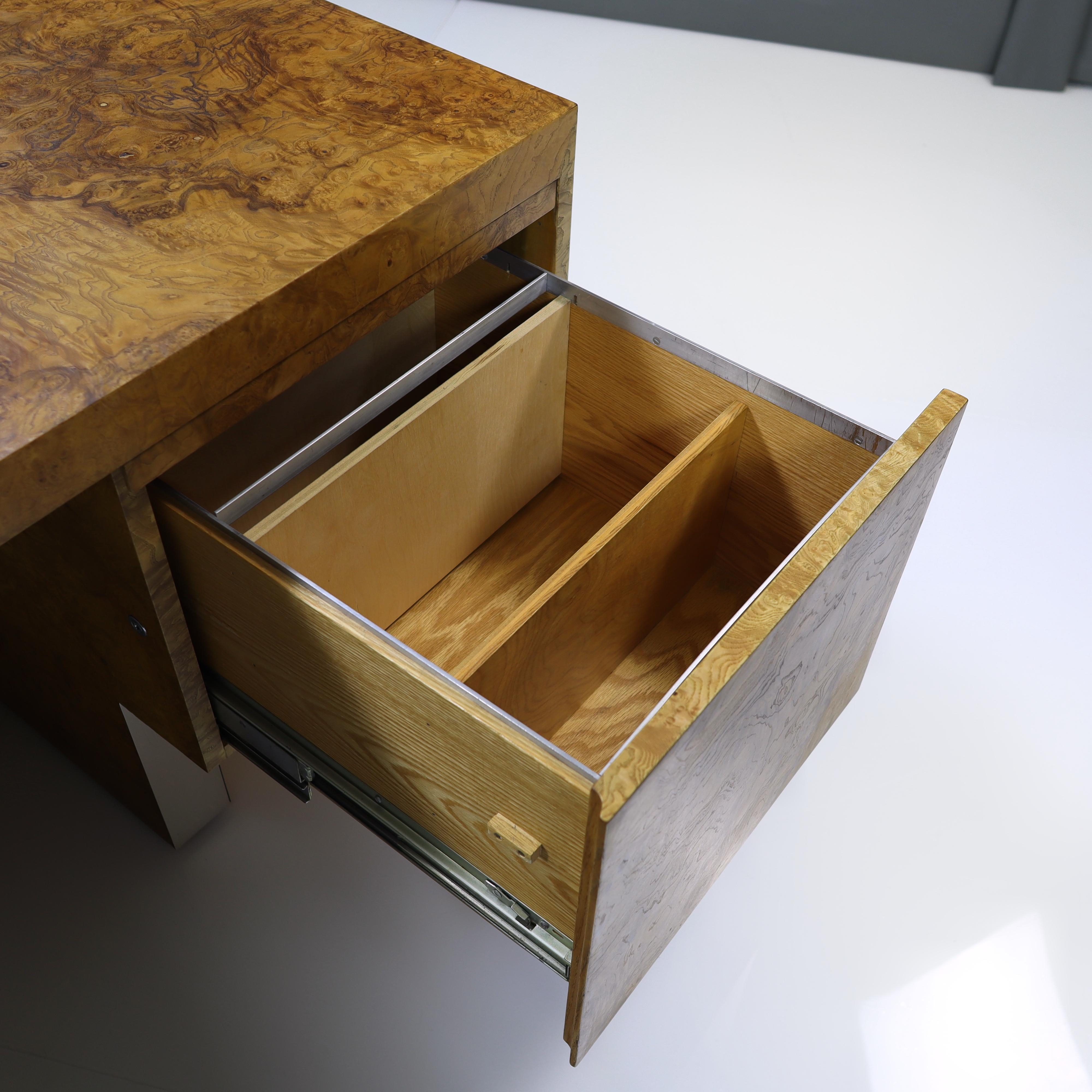 Mid-Century Modern Executive Burlwood Maple Desk with Stainless Steel Base 10