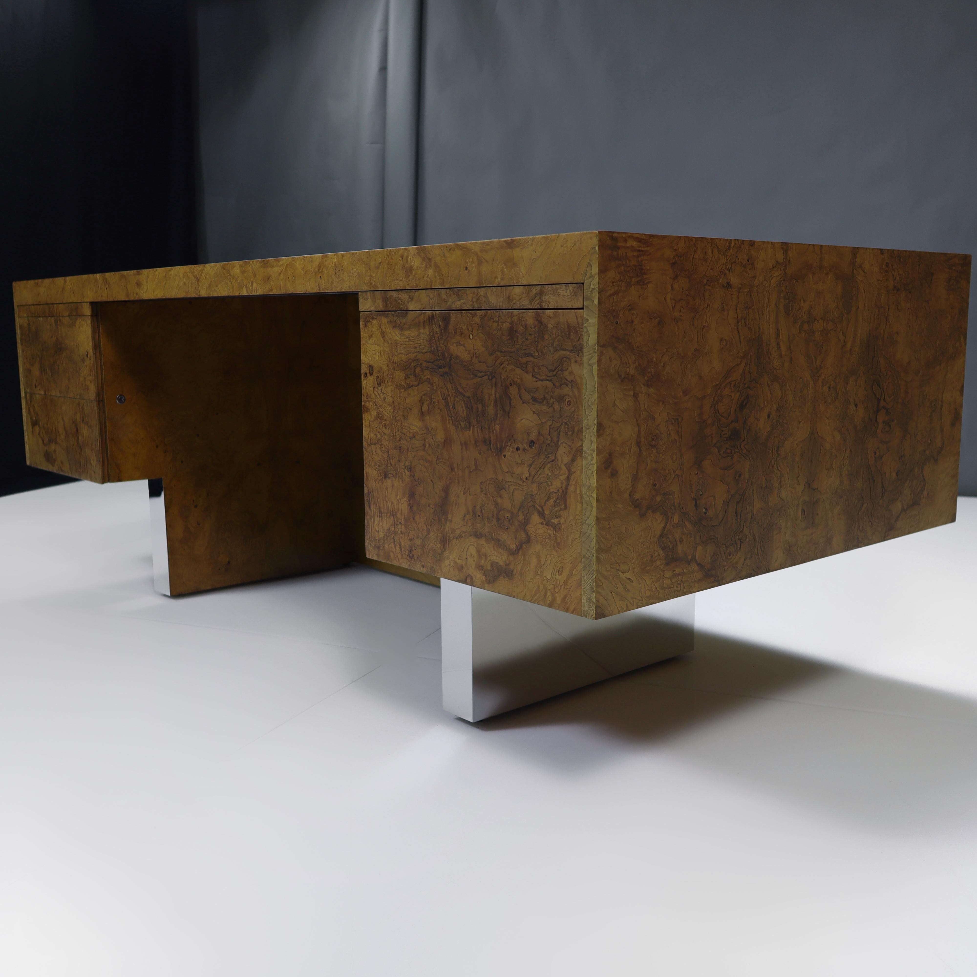 Oiled Mid-Century Modern Executive Burlwood Maple Desk with Stainless Steel Base