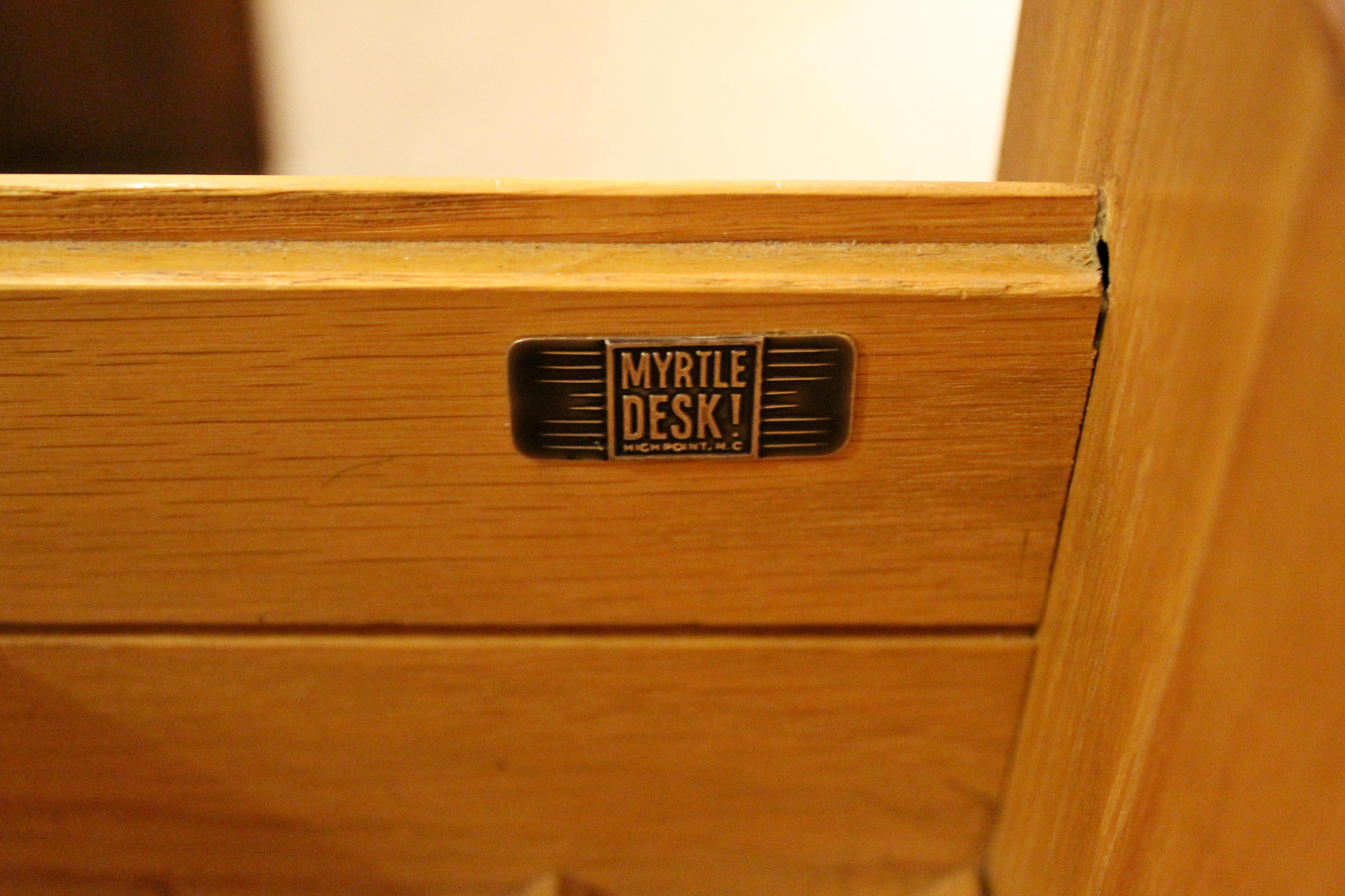 American Mid-Century Modern Executive Cantilever Desk & Credenza Walnut Brass Myrtle Desk