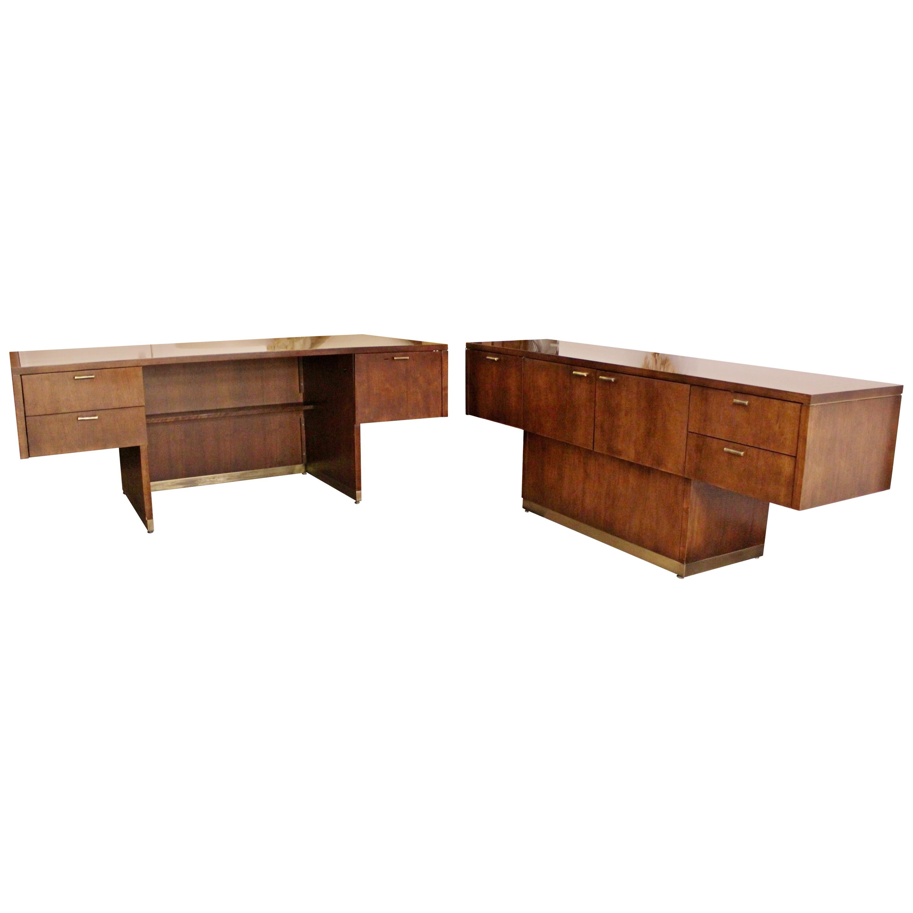 Mid-Century Modern Executive Cantilever Desk & Credenza Walnut Brass Myrtle Desk