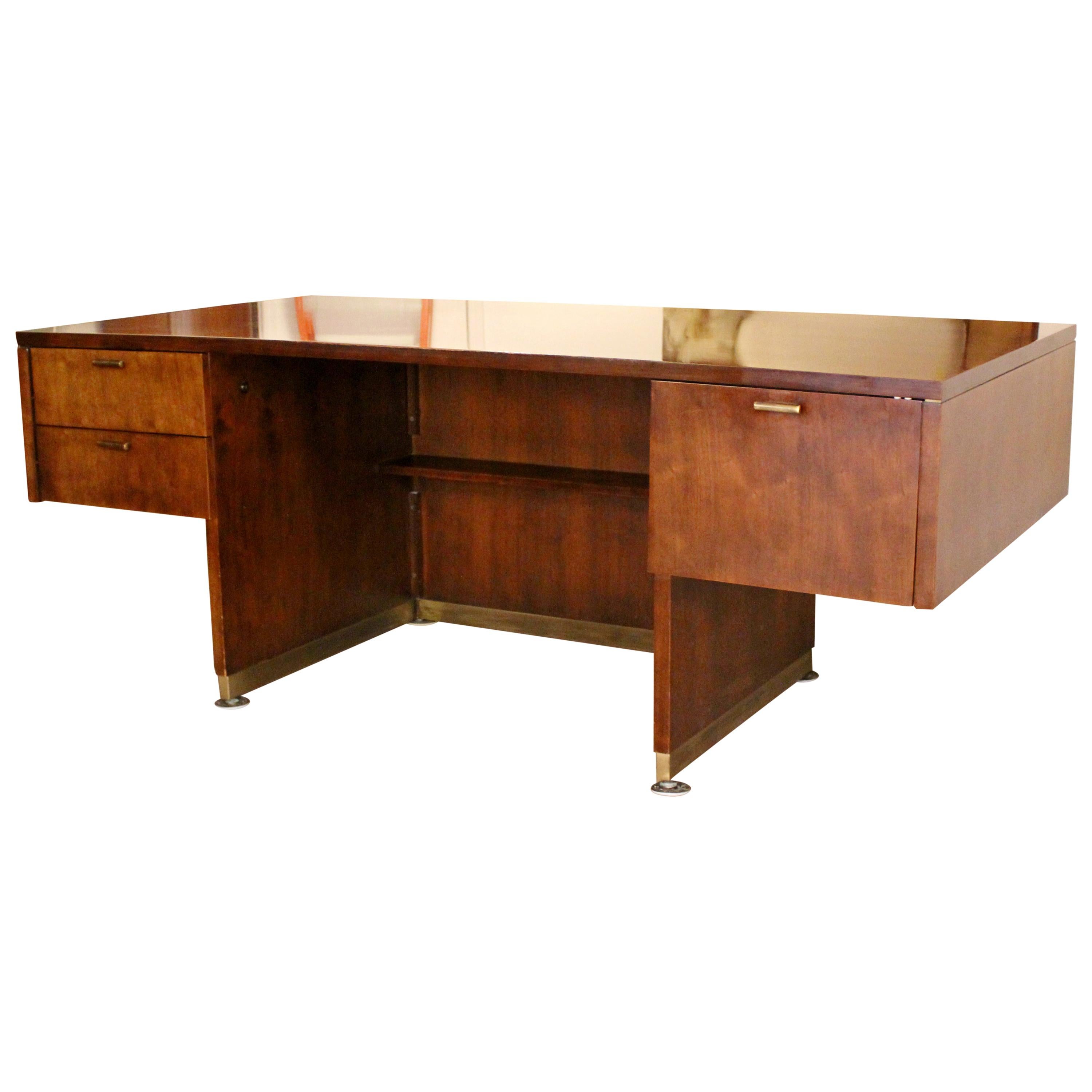 Mid-Century Modern Executive Cantilever Desk Walnut & Brass by Myrtle Desk, 1960