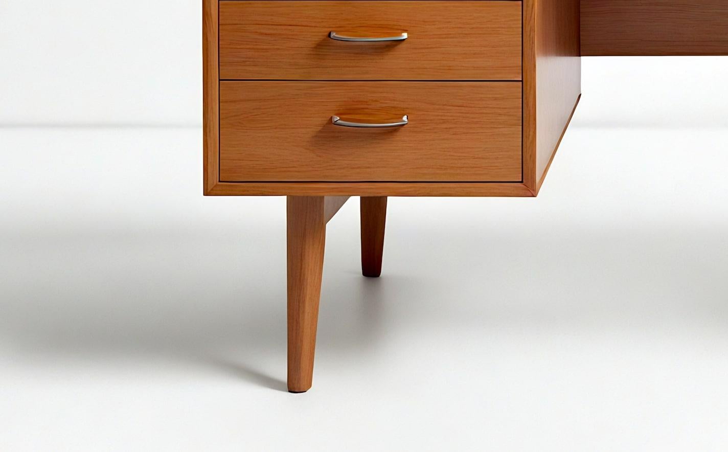Questa scrivania direzionale, espressione dell'artigianato moderno di metà secolo, è realizzata a mano con legno massiccio di provenienza sostenibile. Con il suo design simmetrico e le sue proporzioni aggraziate, dona funzionalità ed eleganza a
