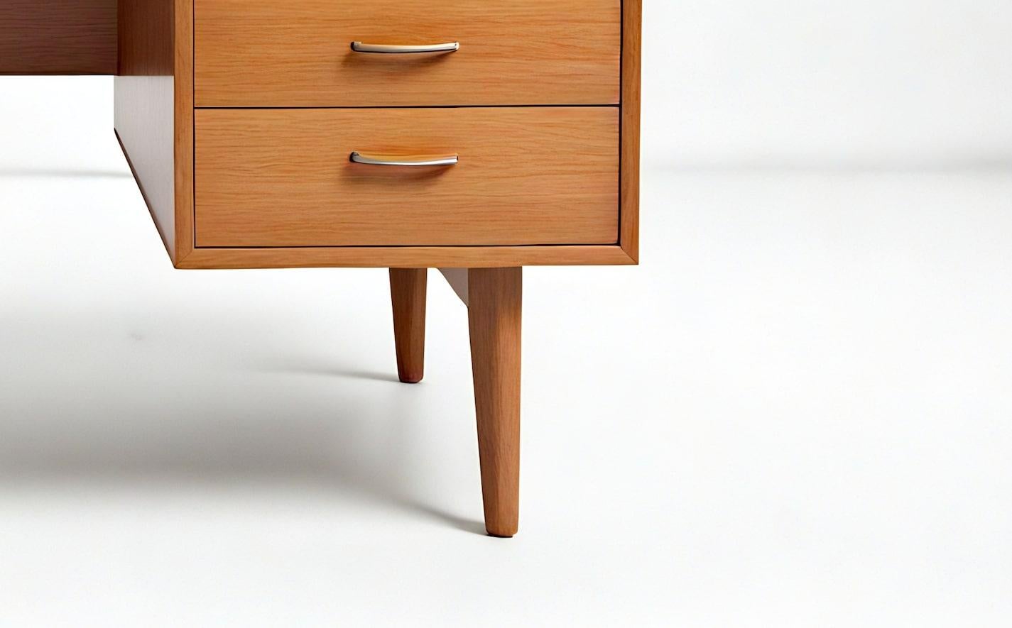 Fatto a mano Scrivania direzionale moderna di metà secolo in Wood massiccio con doppi piedistalli fluttuanti in vendita