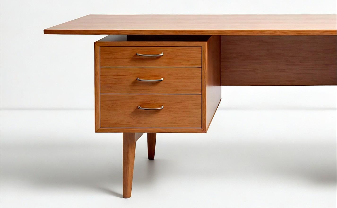 XXI secolo e contemporaneo Scrivania direzionale moderna di metà secolo in Wood massiccio con doppi piedistalli fluttuanti in vendita