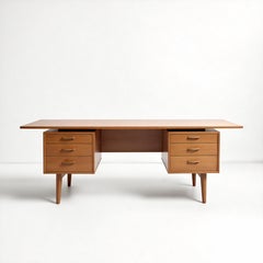 Mid-Century Modern Executive Desk in Solid Wood with Dual Floating Pedestals