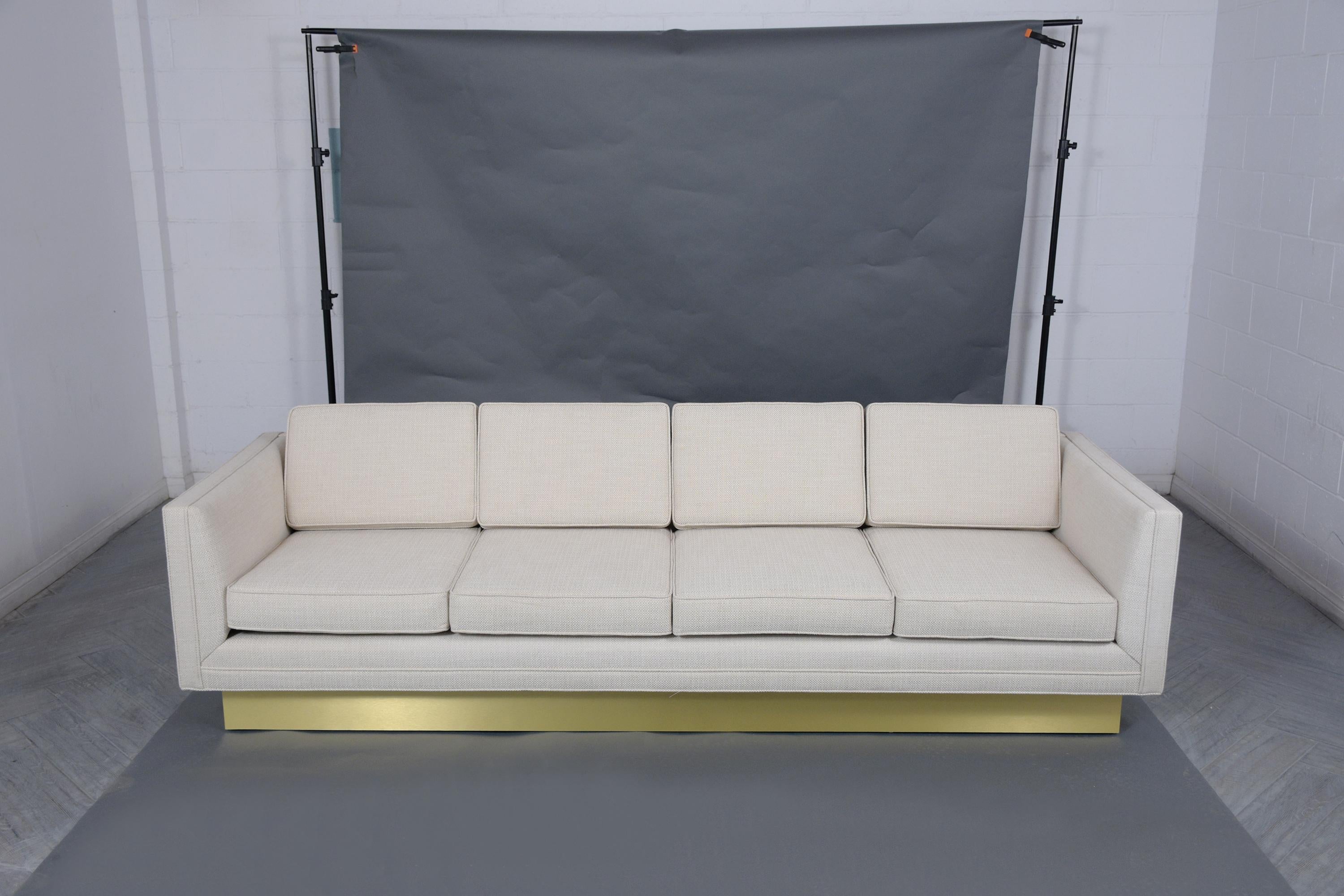 Mid-Century Modern Restored Vintage Tuxedo-Style Executive Sofa with Brass Elements For Sale