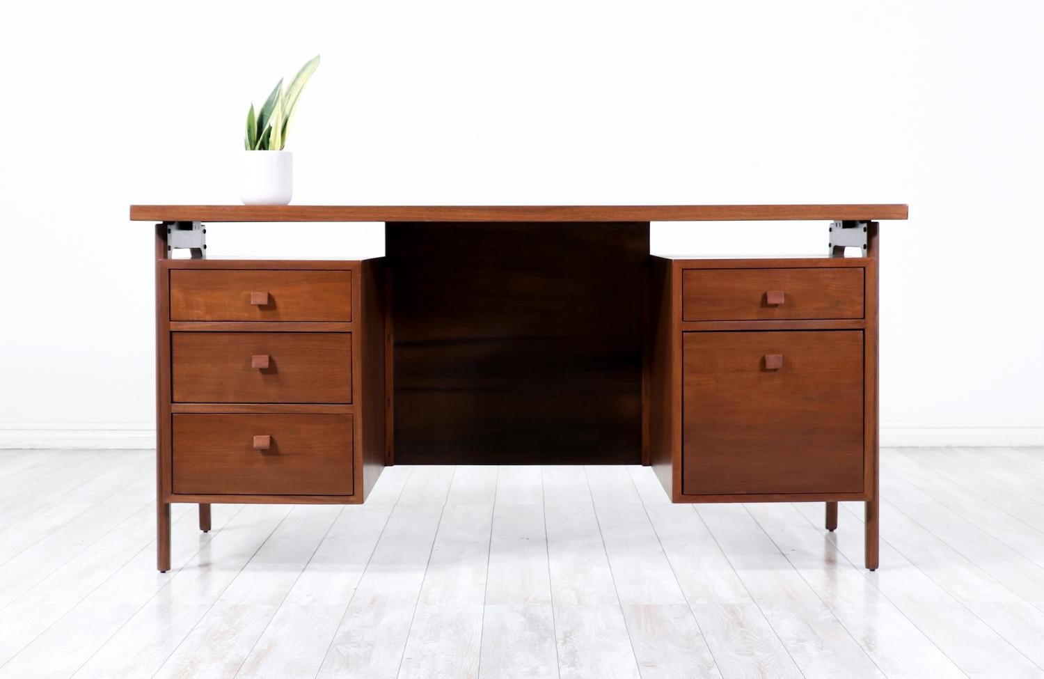 Mid-Century Modern Executive Walnut Desk with Floating Top In Excellent Condition In Los Angeles, CA