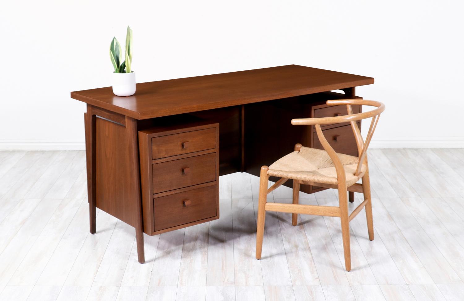 Wood Mid-Century Modern Executive Walnut Desk with Floating Top