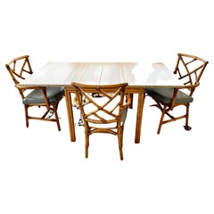 Mid-Century Modern Expandable Bamboo Game Table to Dining Rom Table & 4 Chairs