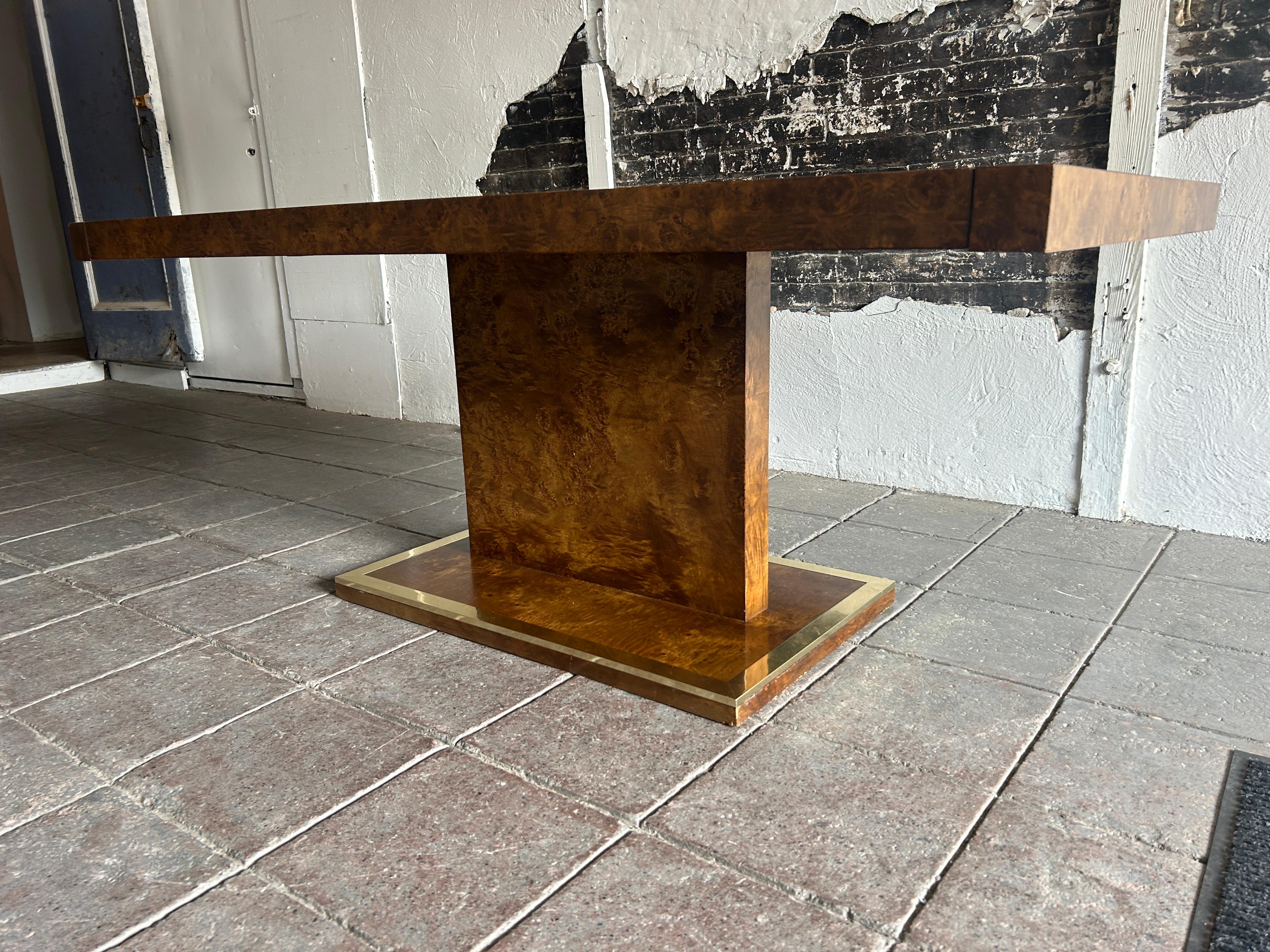 Mid-Century Modern Mid century modern Expandable olive burl dining Table brass base 2 leaves