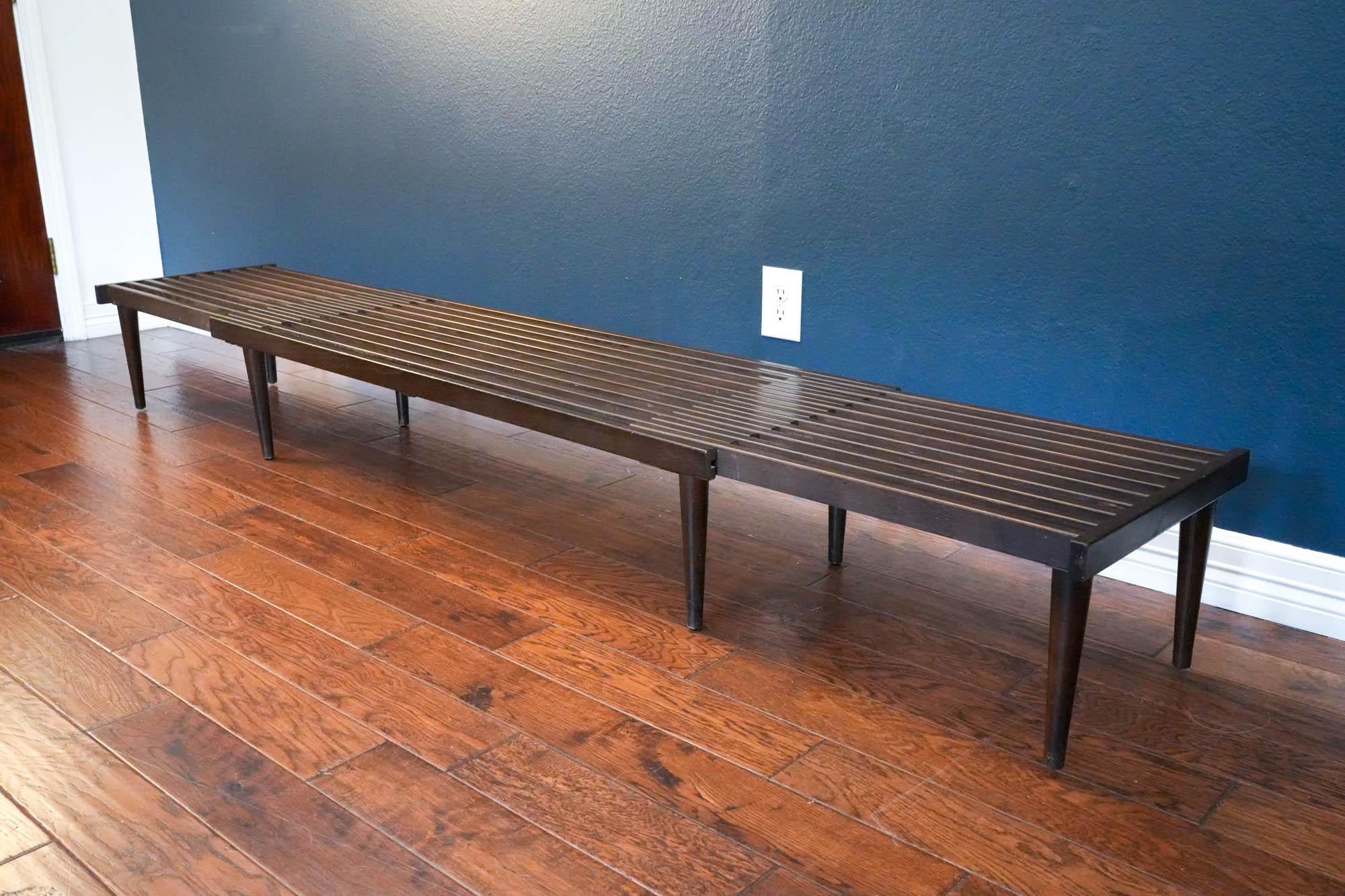 Hand-Crafted Mid Century Modern Expandable Slatted Wood Bench by John Keal