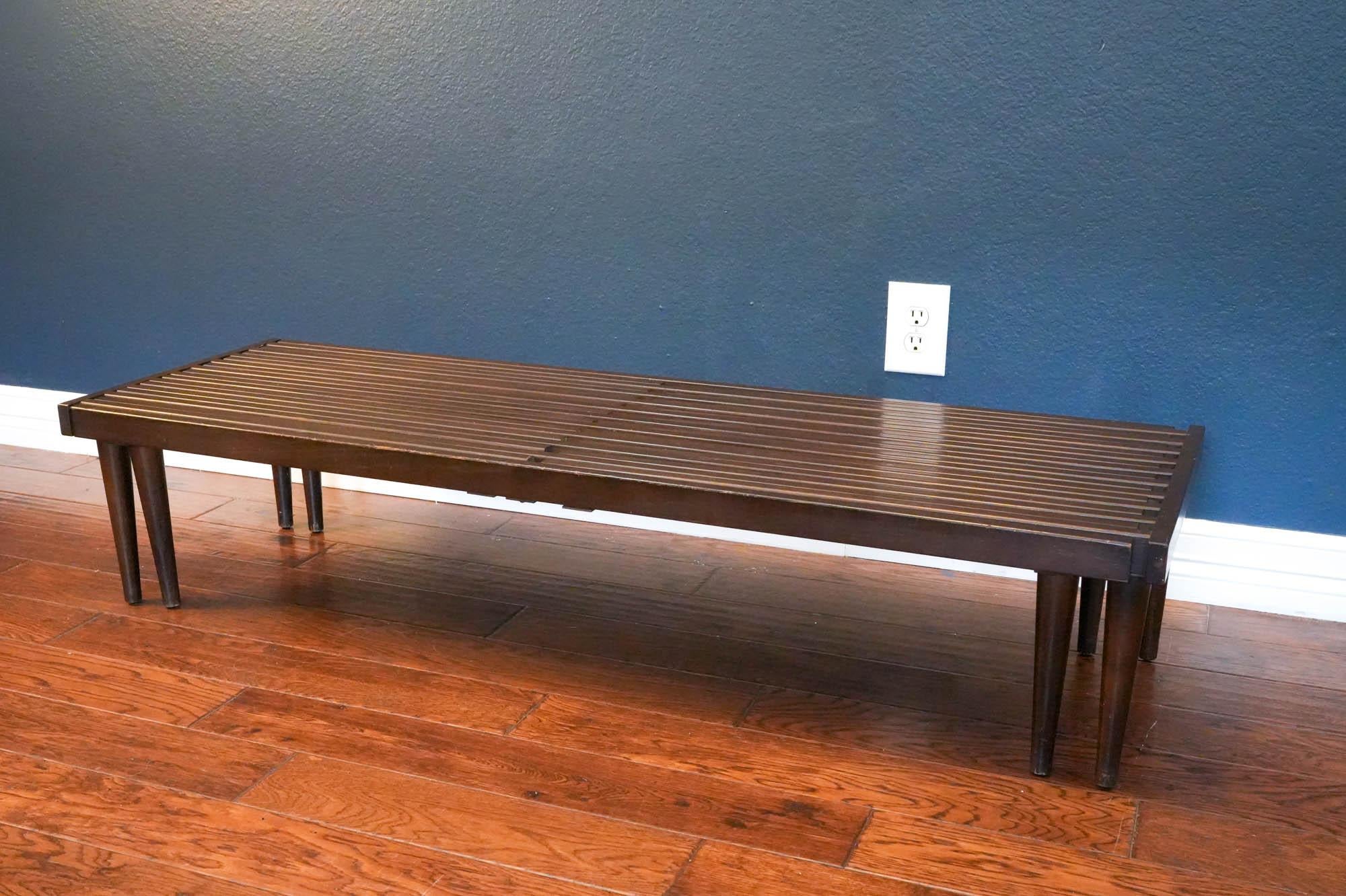 Mid Century Modern Expandable Slatted Wood Bench by John Keal In Good Condition In Waxahachie, TX