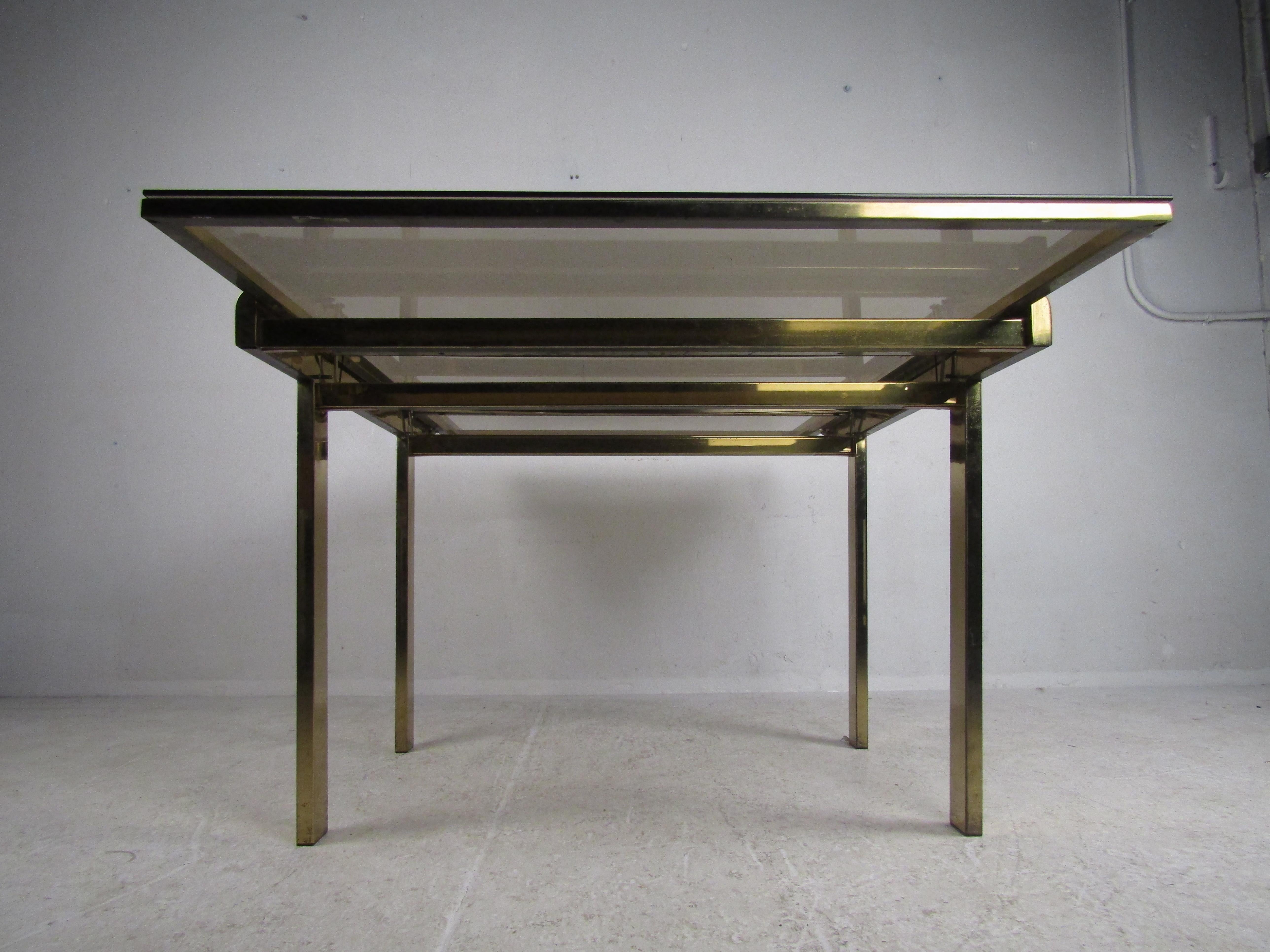 Mid-Century Modern Expanding Brass Dining Table with a Smoked Glass Top For Sale 5