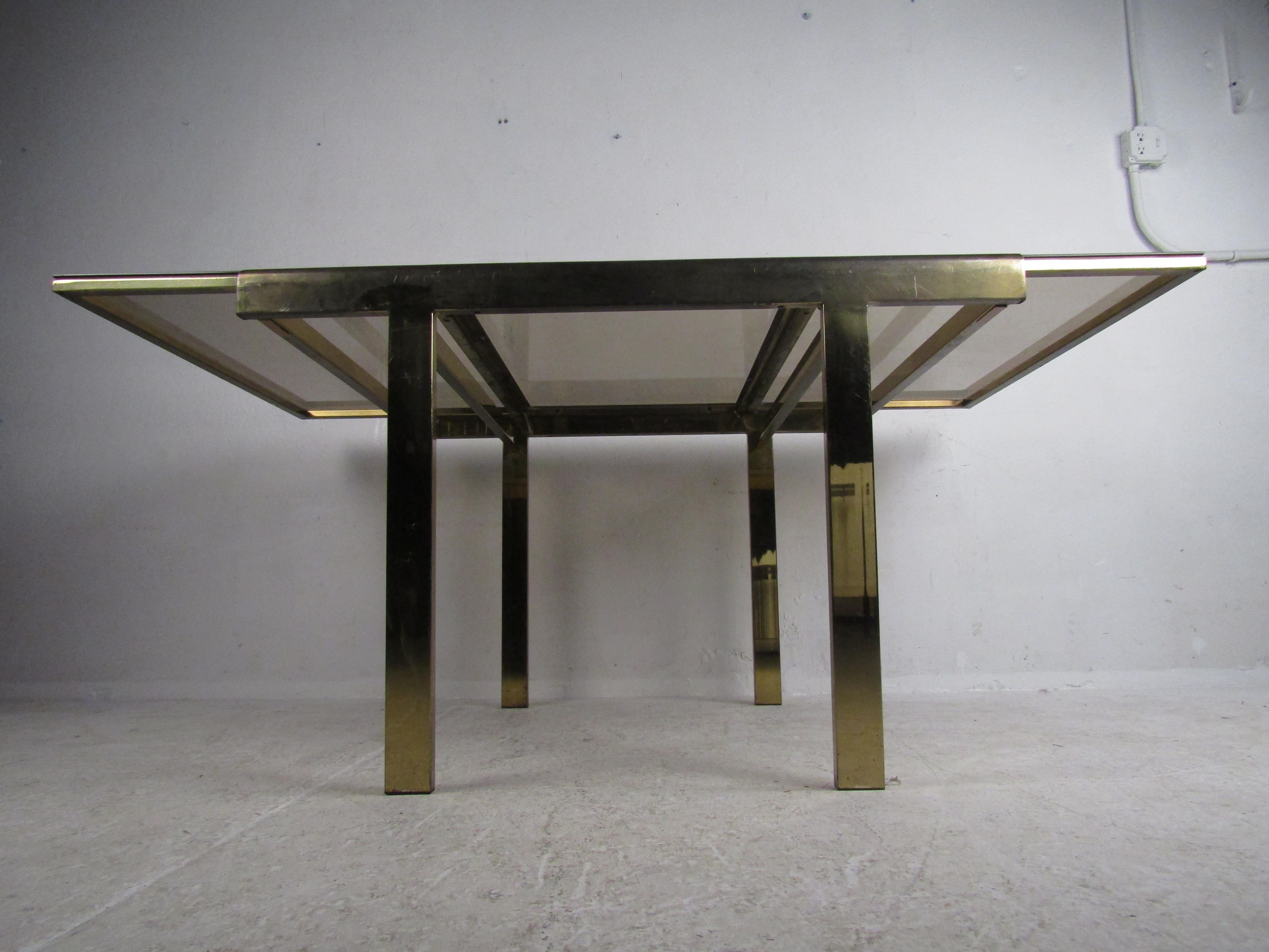 Mid-Century Modern Expanding Brass Dining Table with a Smoked Glass Top For Sale 6