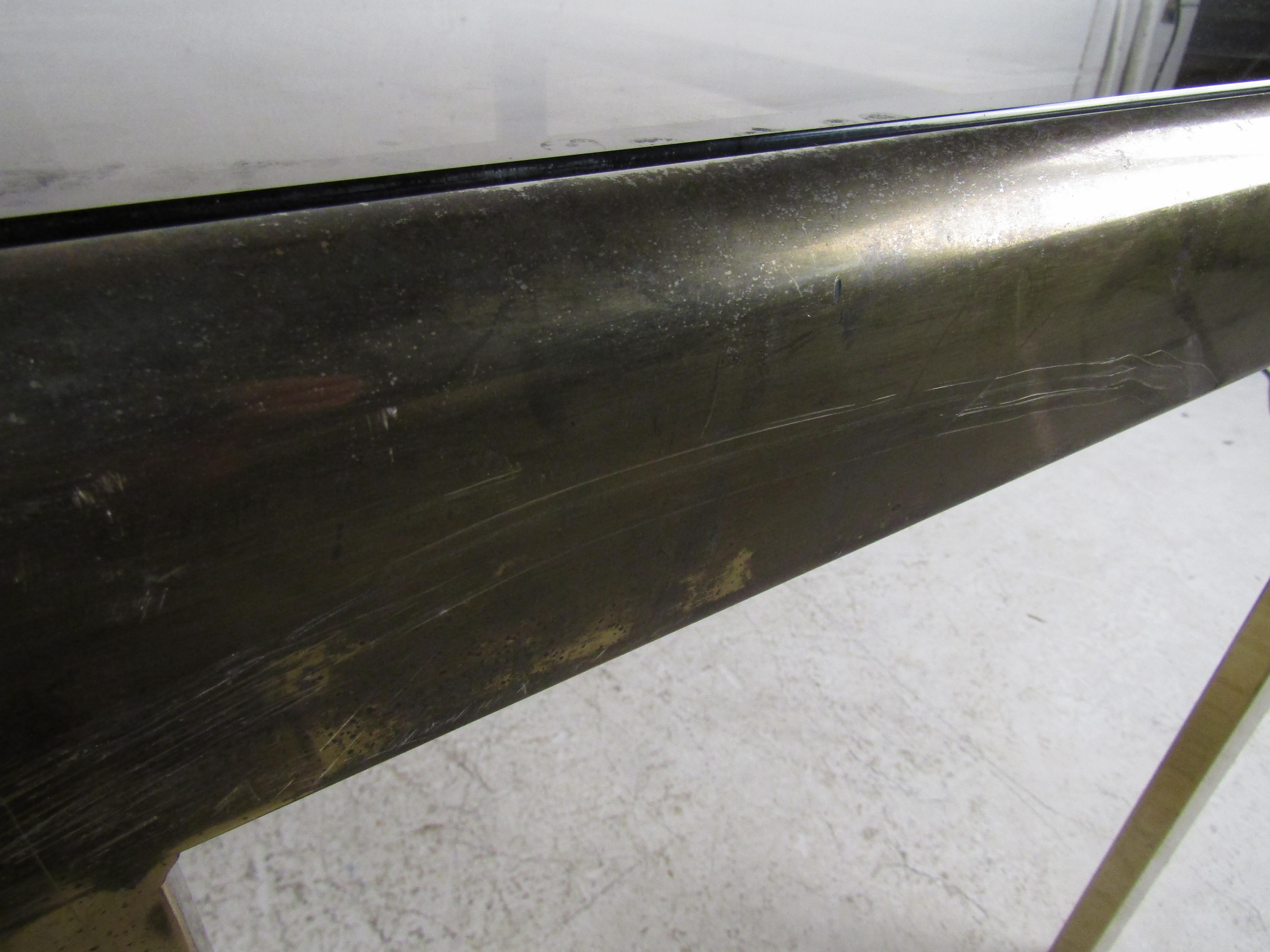 Mid-Century Modern Expanding Brass Dining Table with a Smoked Glass Top For Sale 8