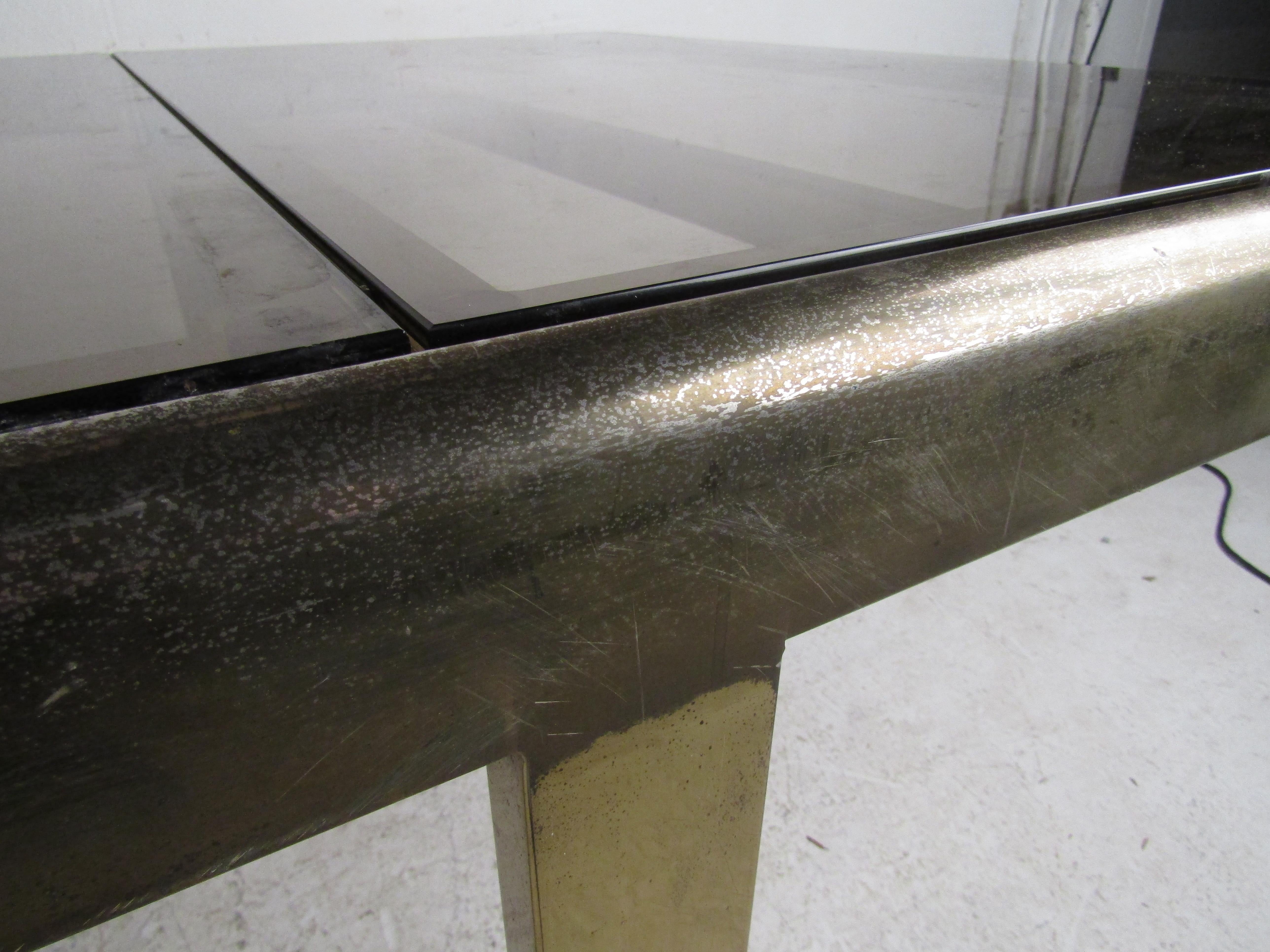 Mid-Century Modern Expanding Brass Dining Table with a Smoked Glass Top For Sale 9