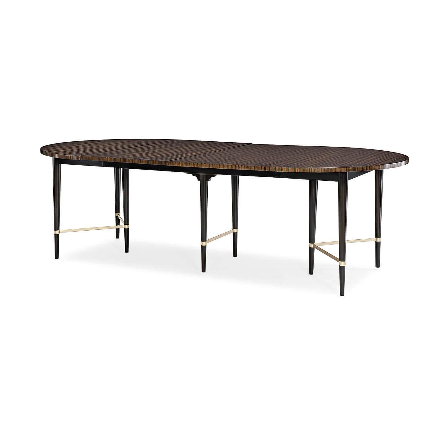 A Mid-Century Modern style extending dining table. For gatherings small or large, this bold statement-making dining table will sweep you off your feet. Its contemporized traditional profile is designed to accommodate groups from four to