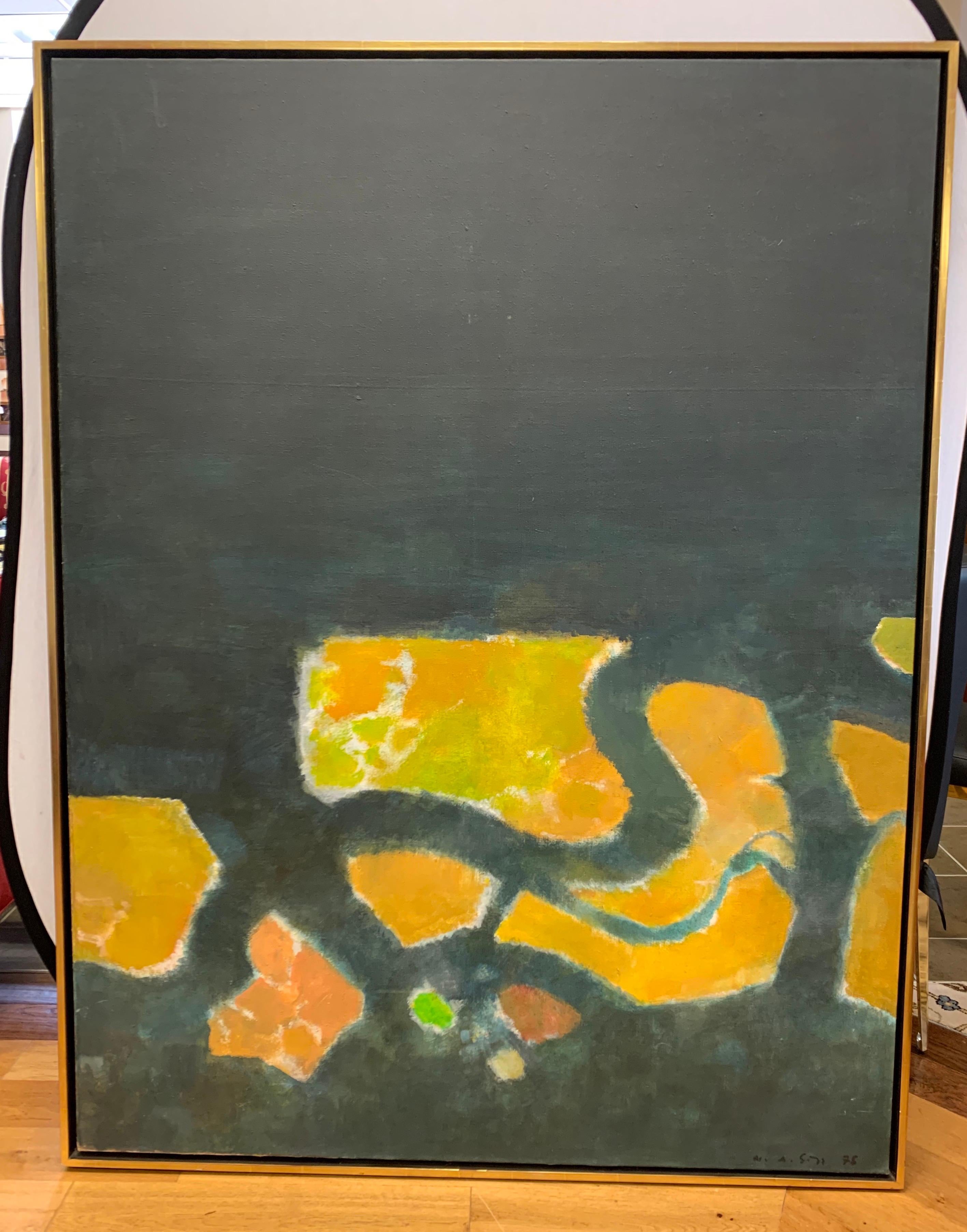 Superbe et très grande huile originale sur toile abstraite encadrée qui mesure 49