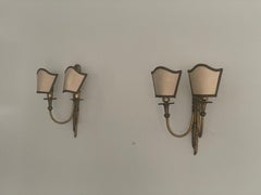 Mid-century Modern Fabric and Brass 2-head Pair of Sconces, 1960s, Italy