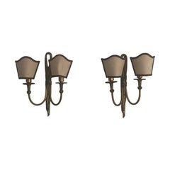 Mid-century Modern Fabric and Brass 2-head Pair of Sconces, 1960s, Italy