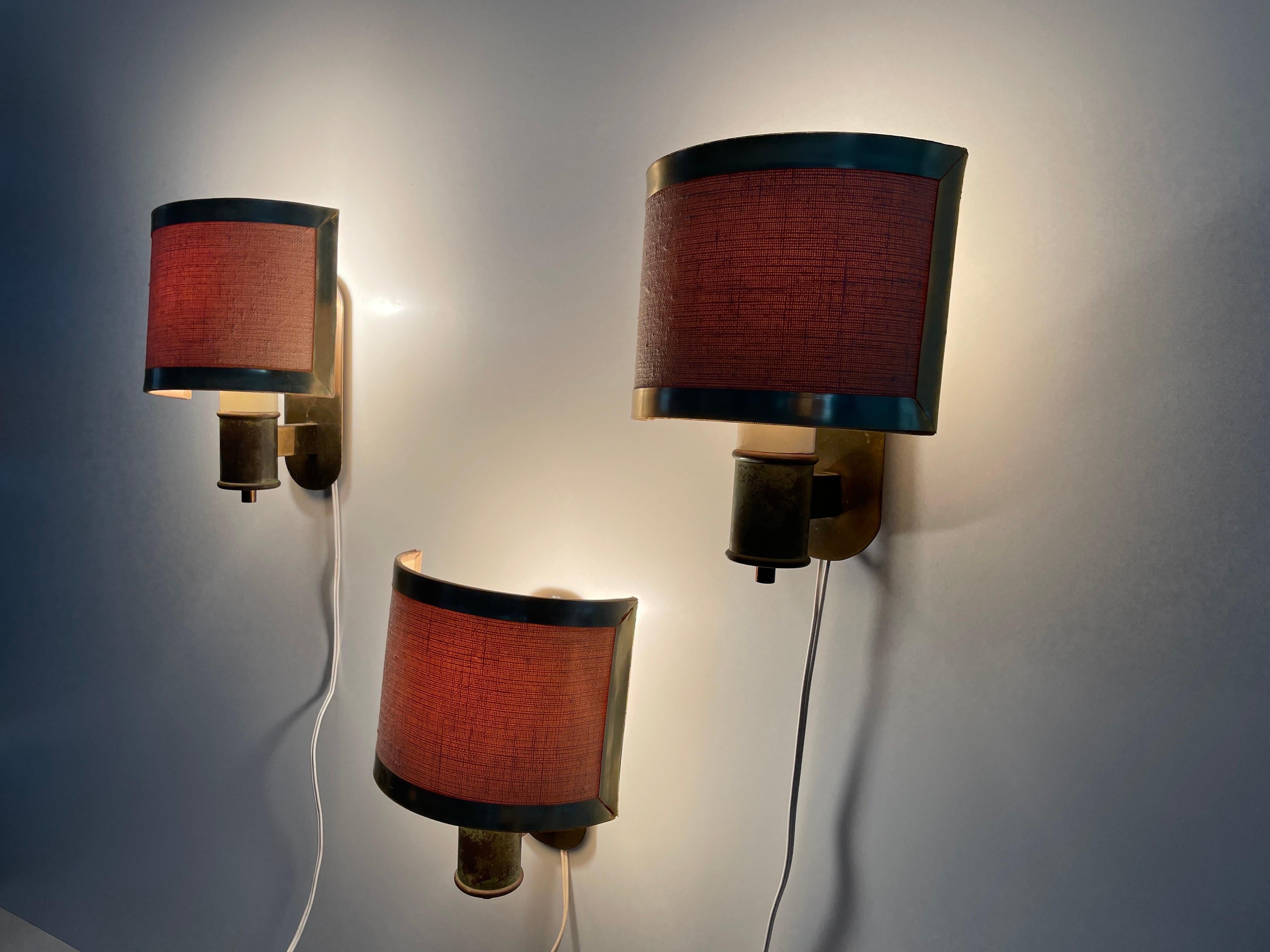Mid-century Modern Fabric and Brass Set of 3 Sconces, 1960s, Italy For Sale 6