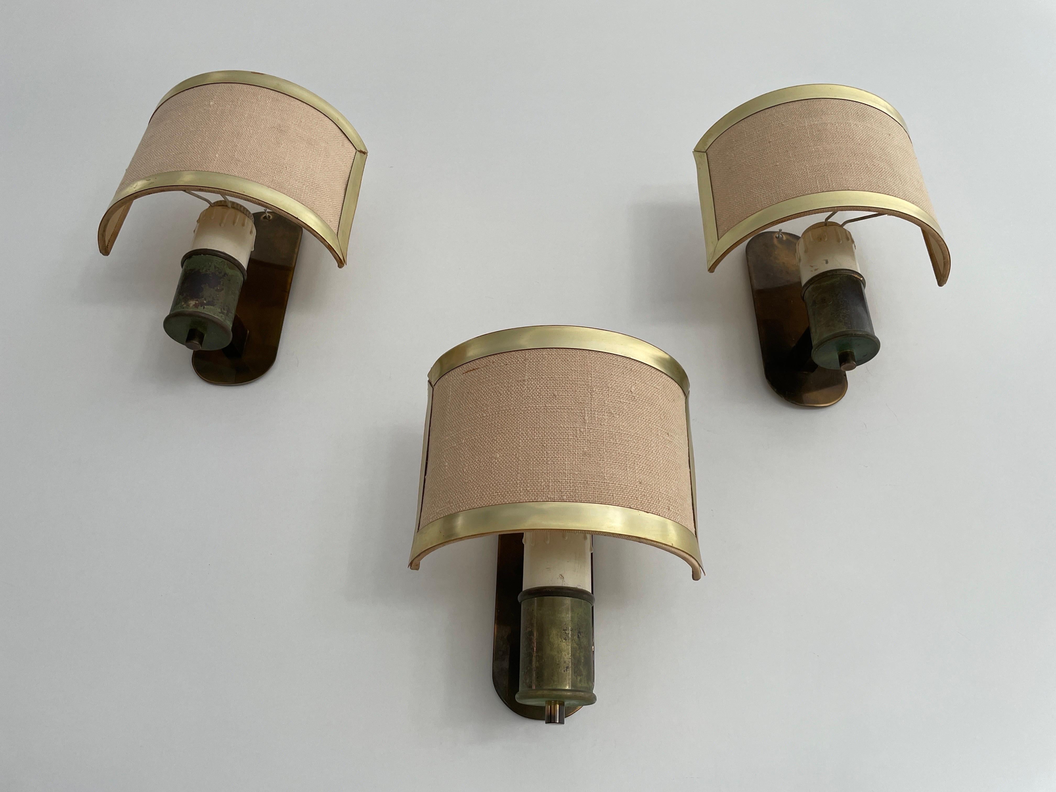 Mid-Century Modern Mid-century Modern Fabric and Brass Set of 3 Sconces, 1960s, Italy For Sale