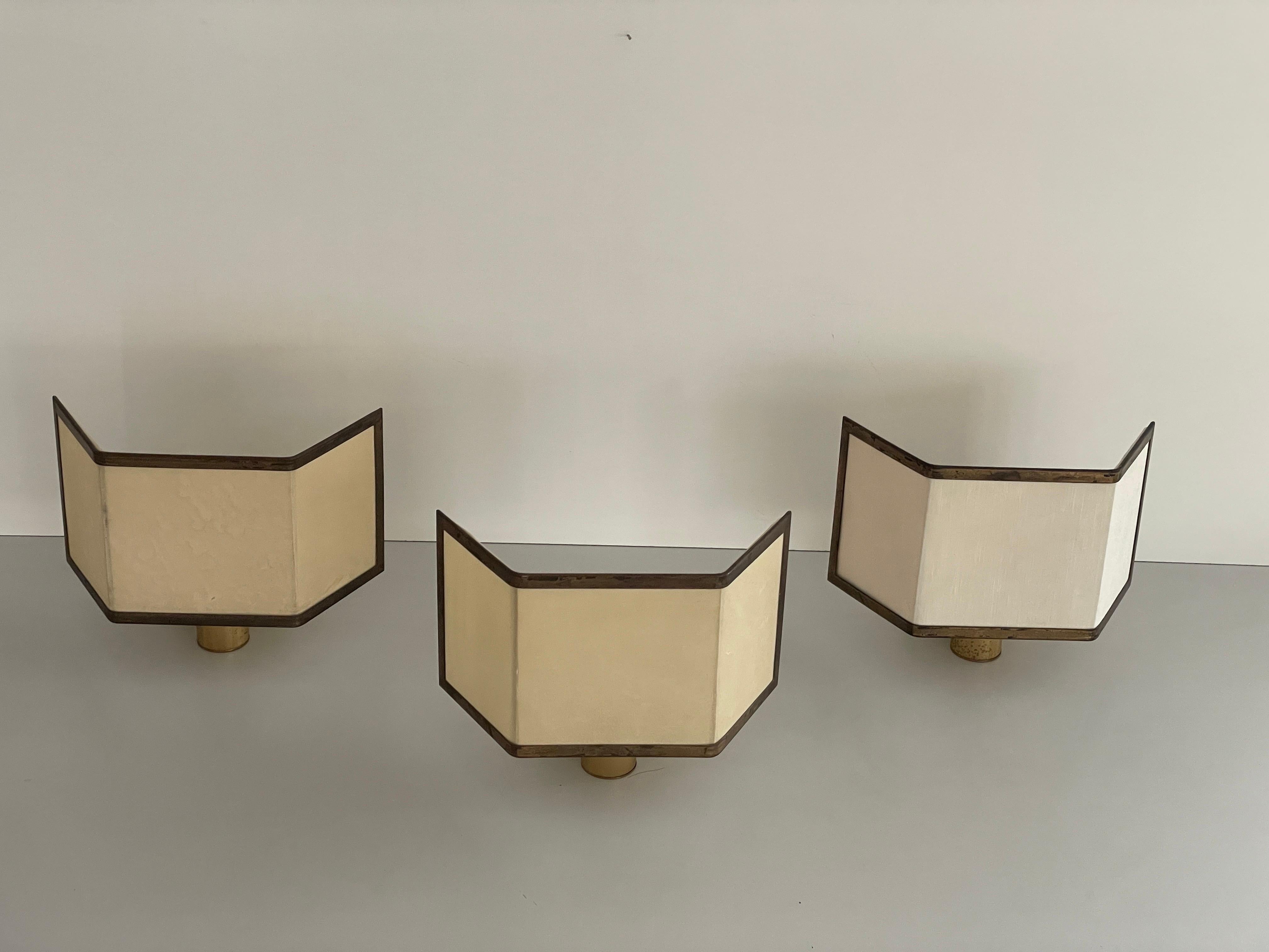 Mid-Century Modern Mid-century Modern Fabric and Brass Set of 3 Sconces, 1960s, Italy For Sale