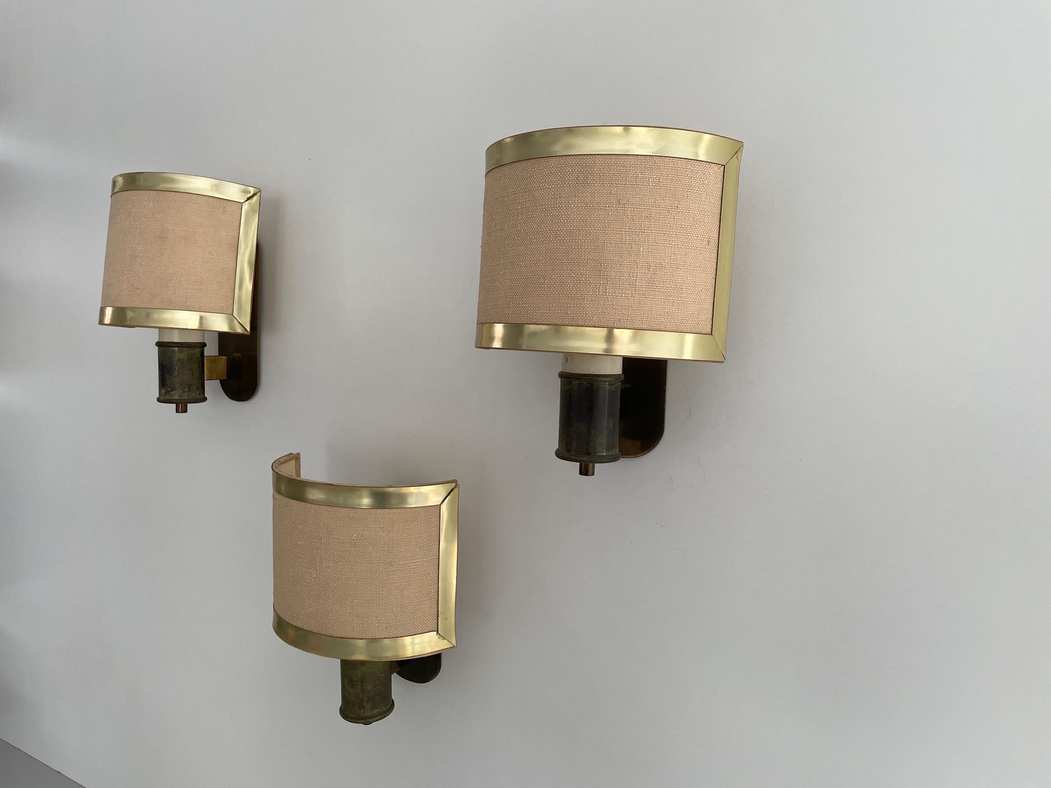 Italian Mid-century Modern Fabric and Brass Set of 3 Sconces, 1960s, Italy For Sale