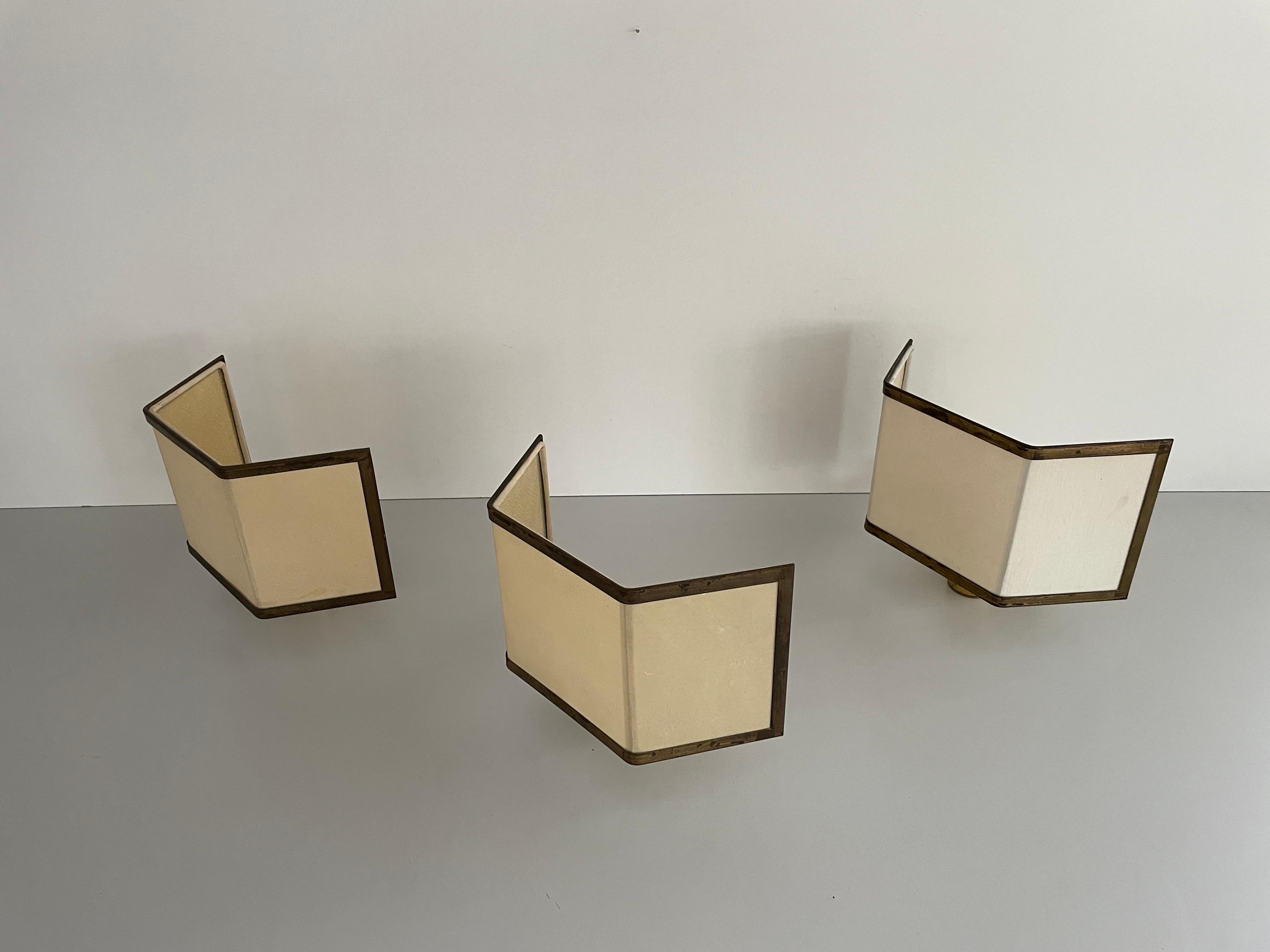 Mid-20th Century Mid-century Modern Fabric and Brass Set of 3 Sconces, 1960s, Italy For Sale
