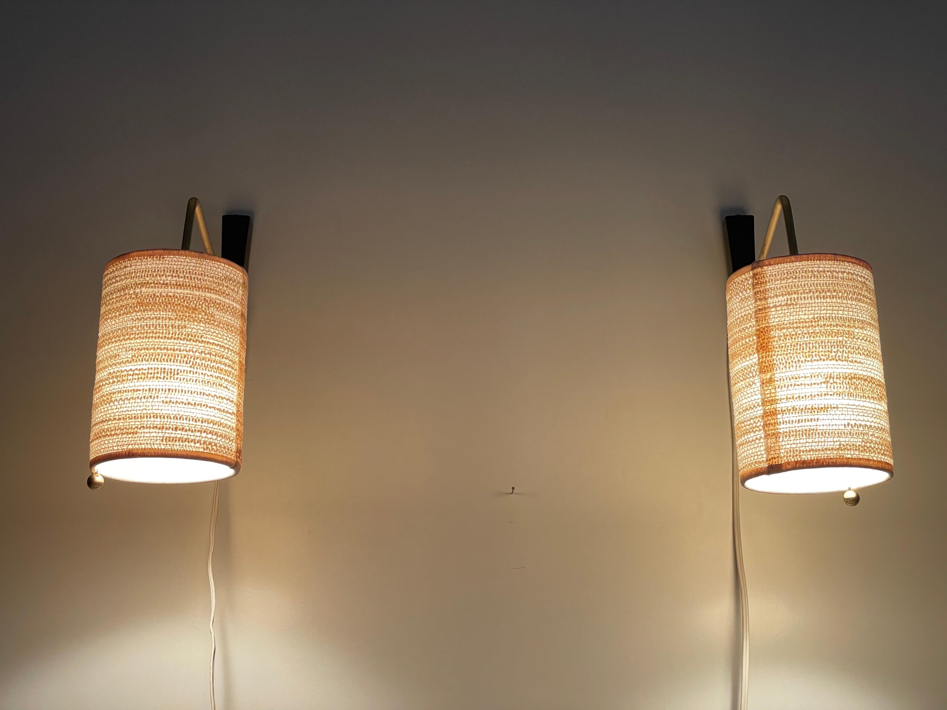 Mid-century Modern Fabric Shade Pair of Sconces with Brass Neck, 1960s, Germany 4