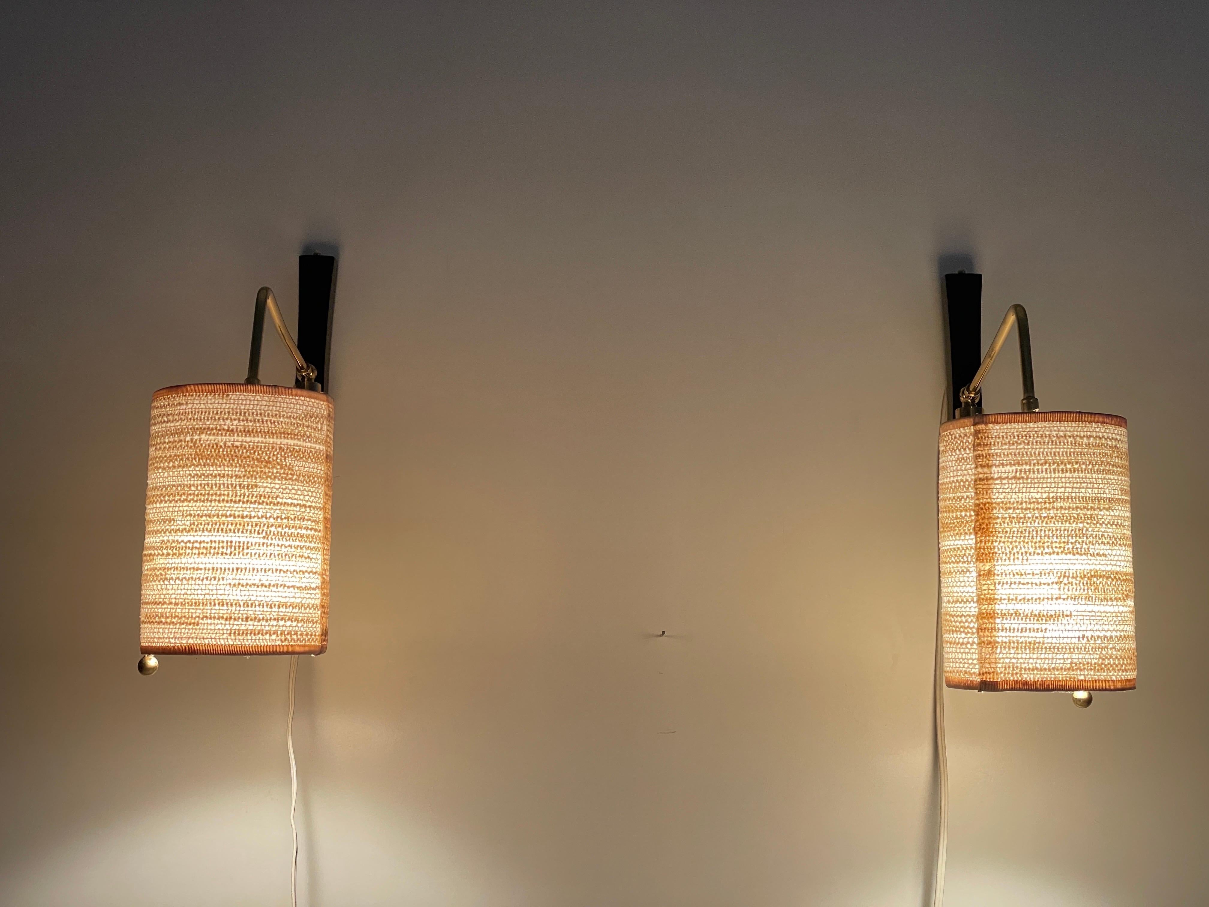 Mid-century Modern Fabric Shade Pair of Sconces with Brass Neck, 1960s, Germany 5