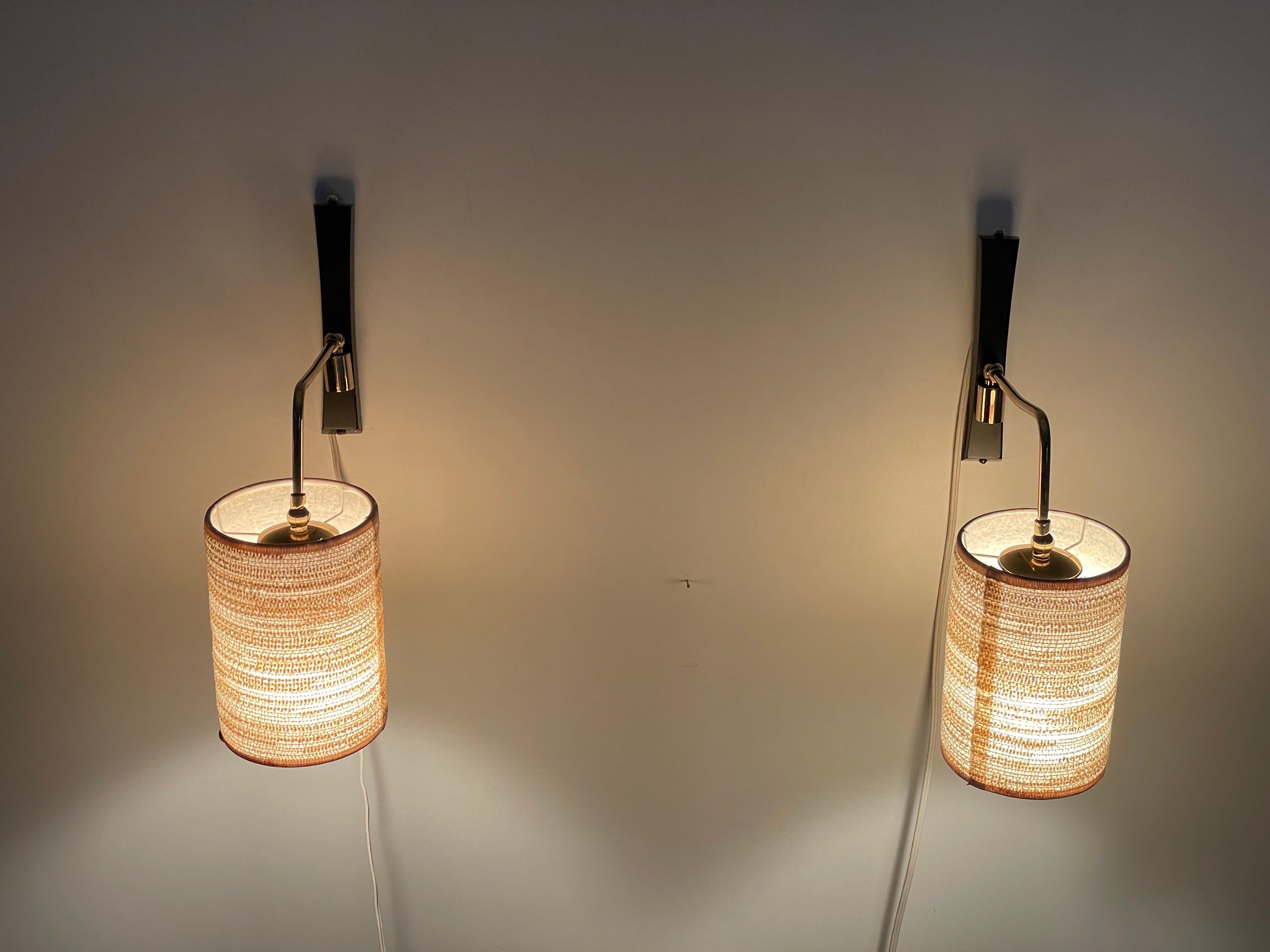 Mid-century Modern Fabric Shade Pair of Sconces with Brass Neck, 1960s, Germany 6
