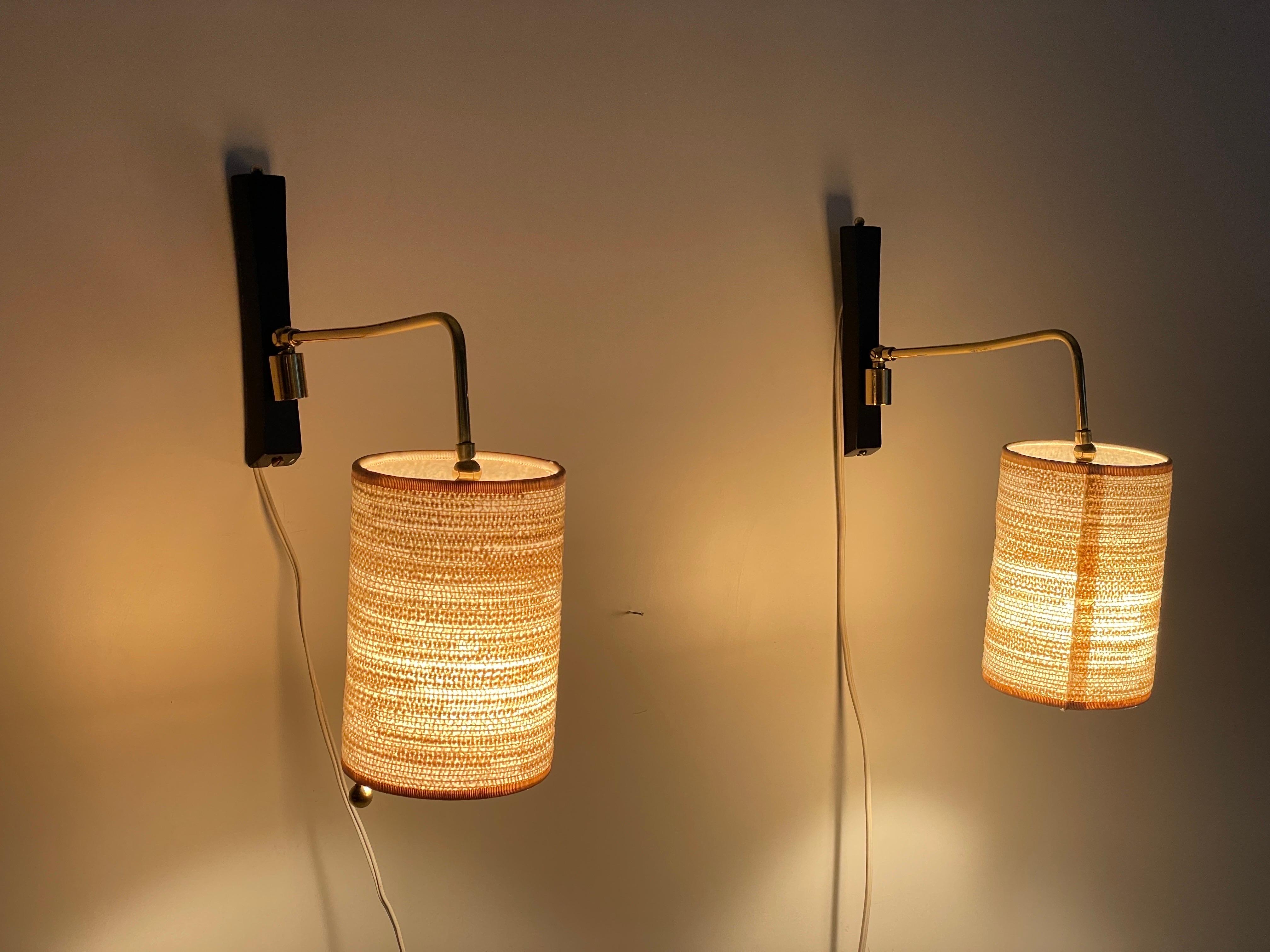 Mid-century Modern Fabric Shade Pair of Sconces with Brass Neck, 1960s, Germany 7