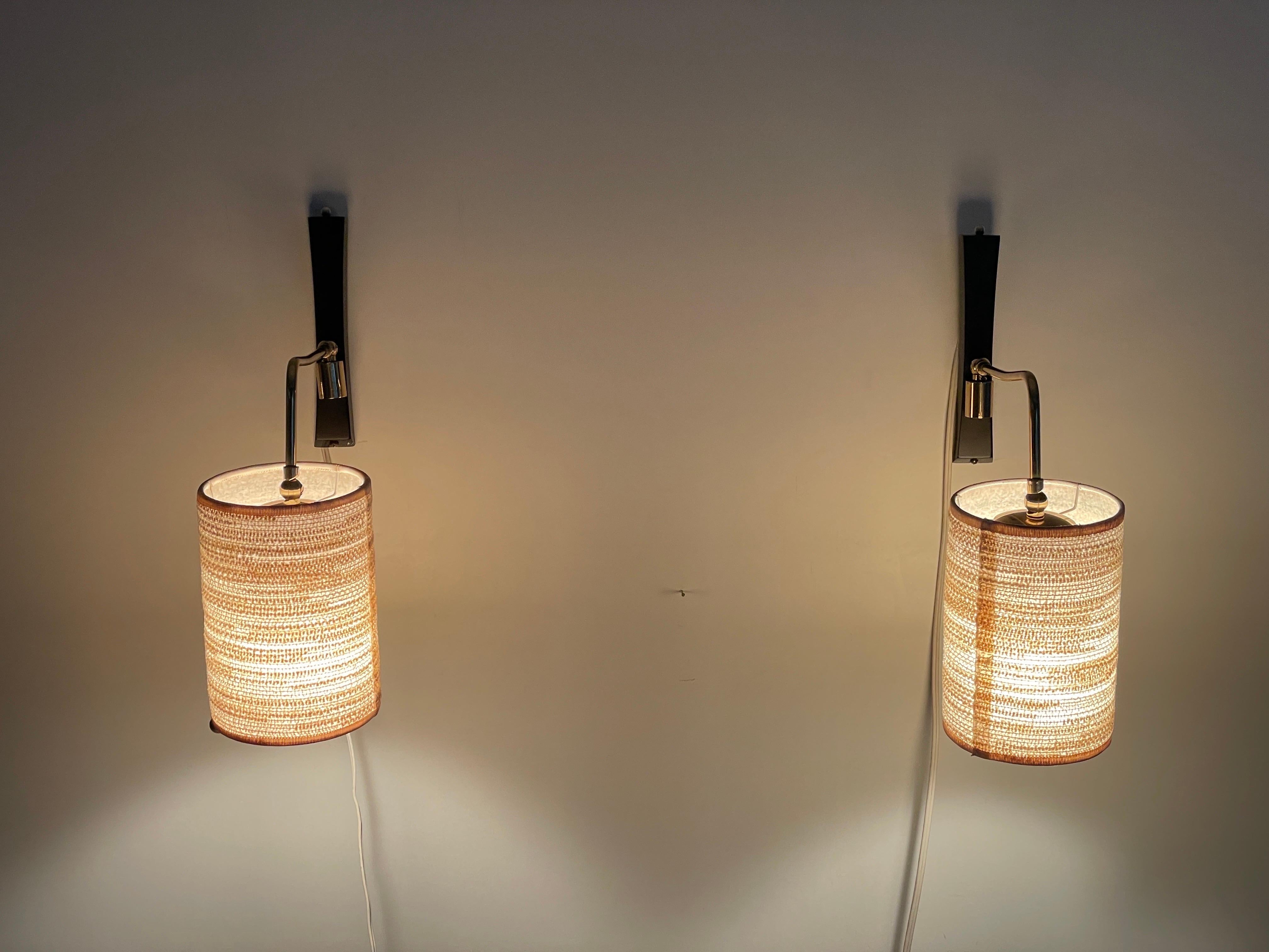 Mid-century Modern Fabric Shade Pair of Sconces with Brass Neck, 1960s, Germany 8
