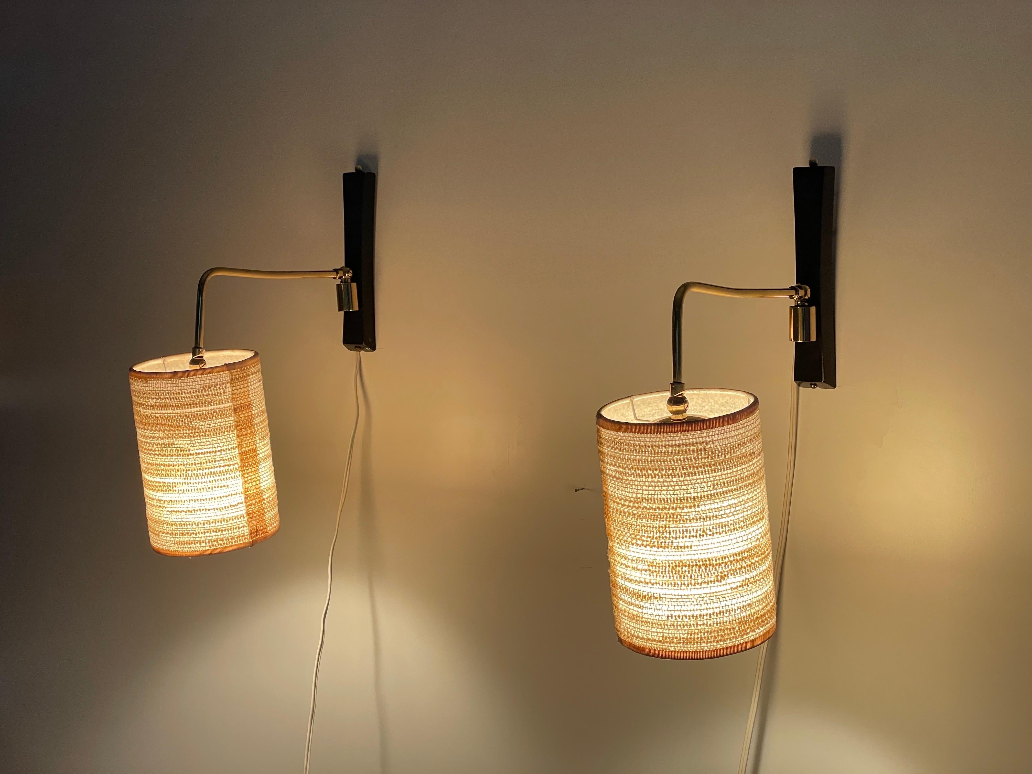 Mid-century Modern Fabric Shade Pair of Sconces with Brass Neck, 1960s, Germany 12