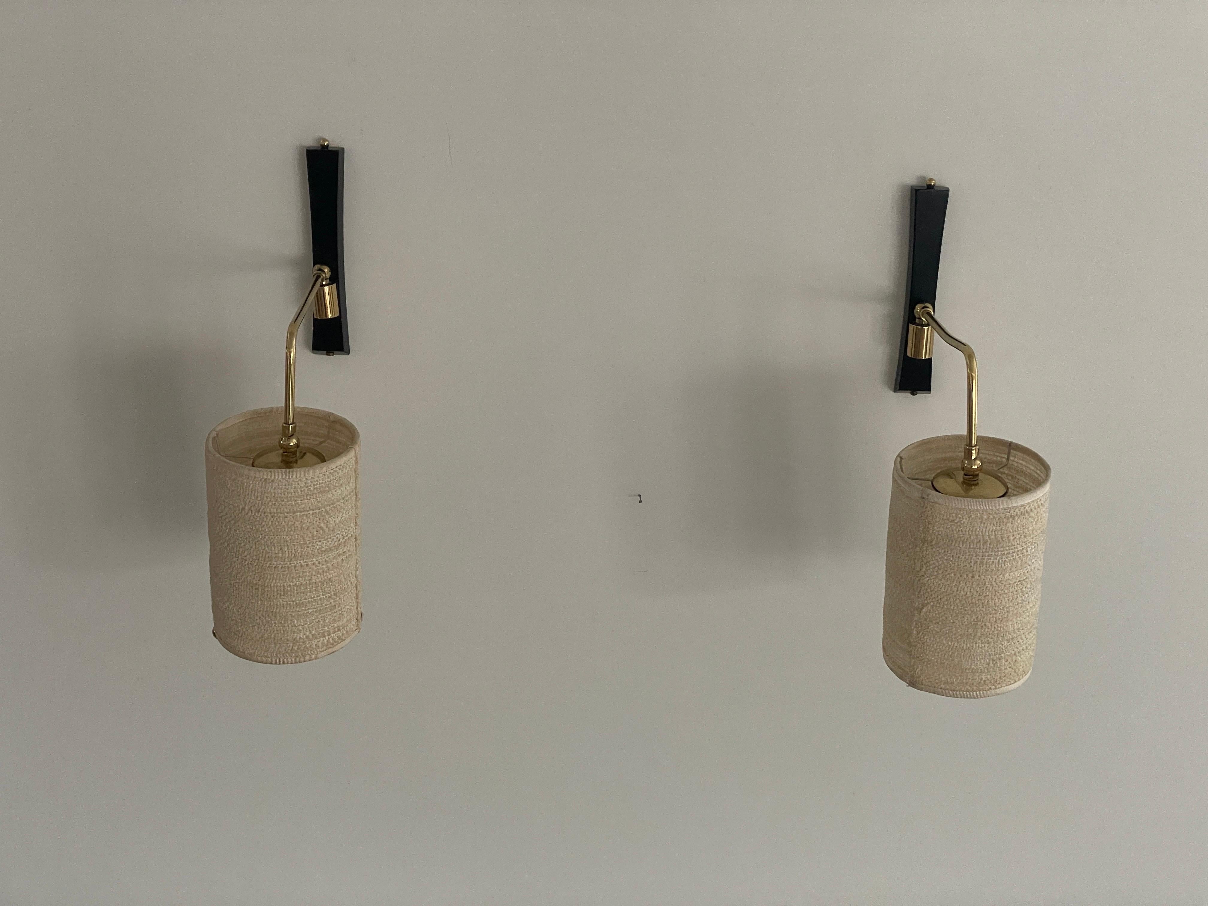 Mid-century Modern Fabric Shade Pair of Sconces with Brass Neck, 1960s, Germany In Excellent Condition In Hagenbach, DE