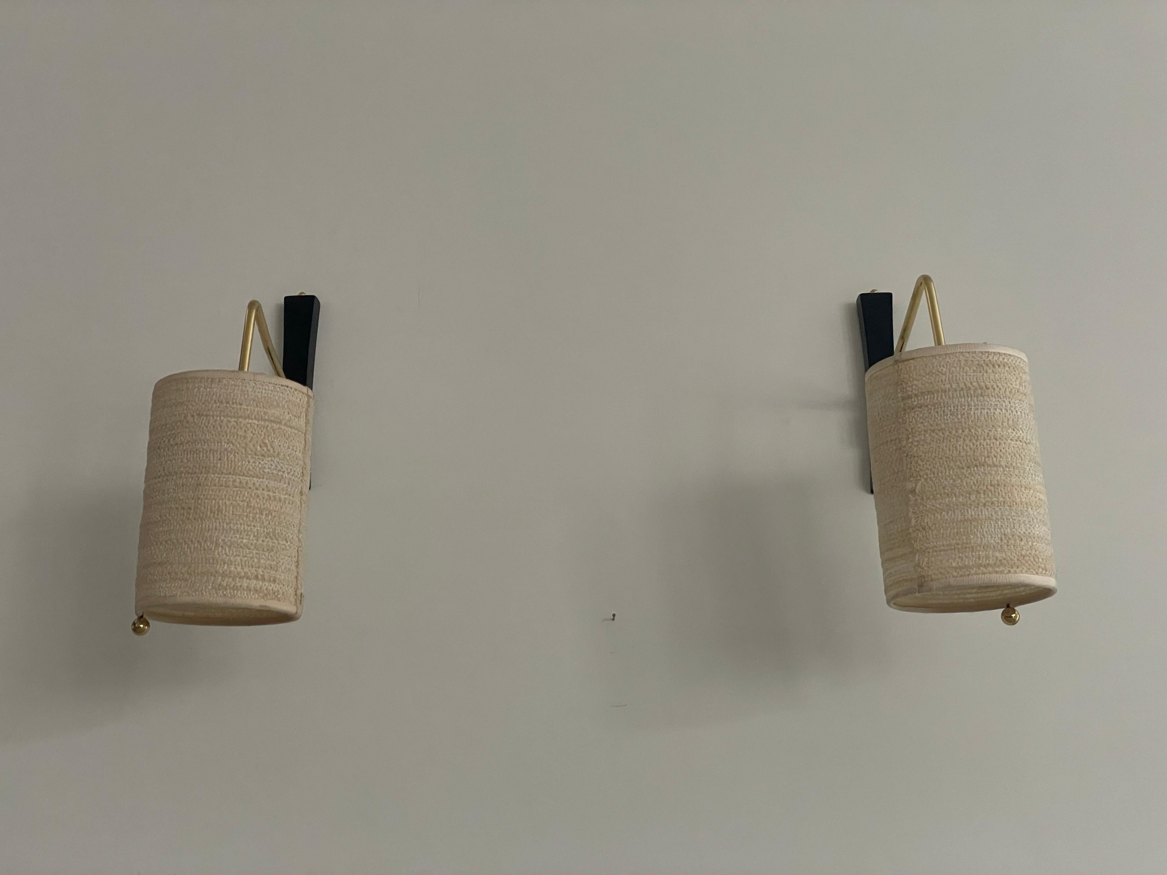 Mid-20th Century Mid-century Modern Fabric Shade Pair of Sconces with Brass Neck, 1960s, Germany