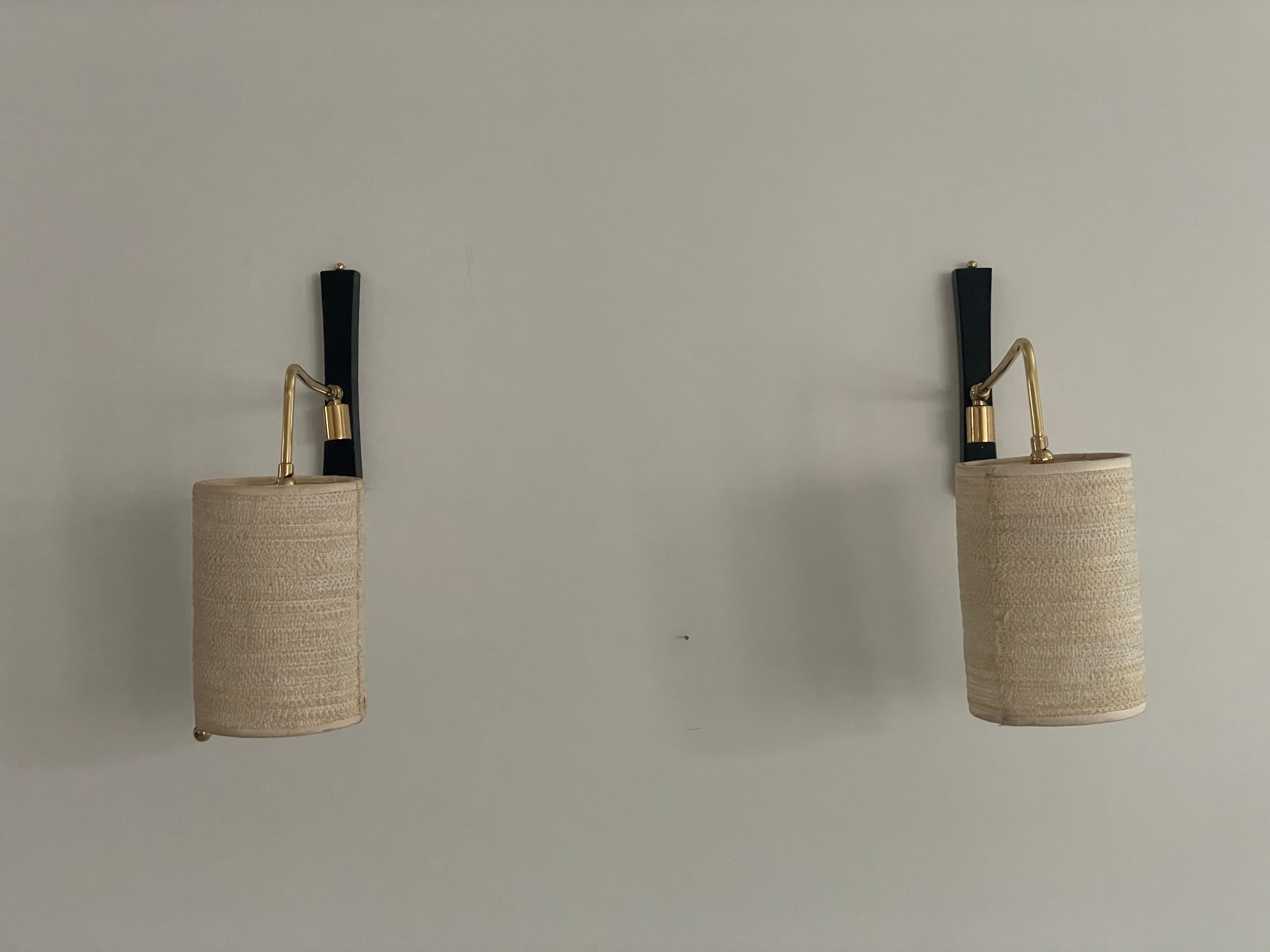 Metal Mid-century Modern Fabric Shade Pair of Sconces with Brass Neck, 1960s, Germany