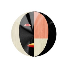 Mid-Century Modern Round Bedside Table Black Geometric Pattern Wood Nightstand