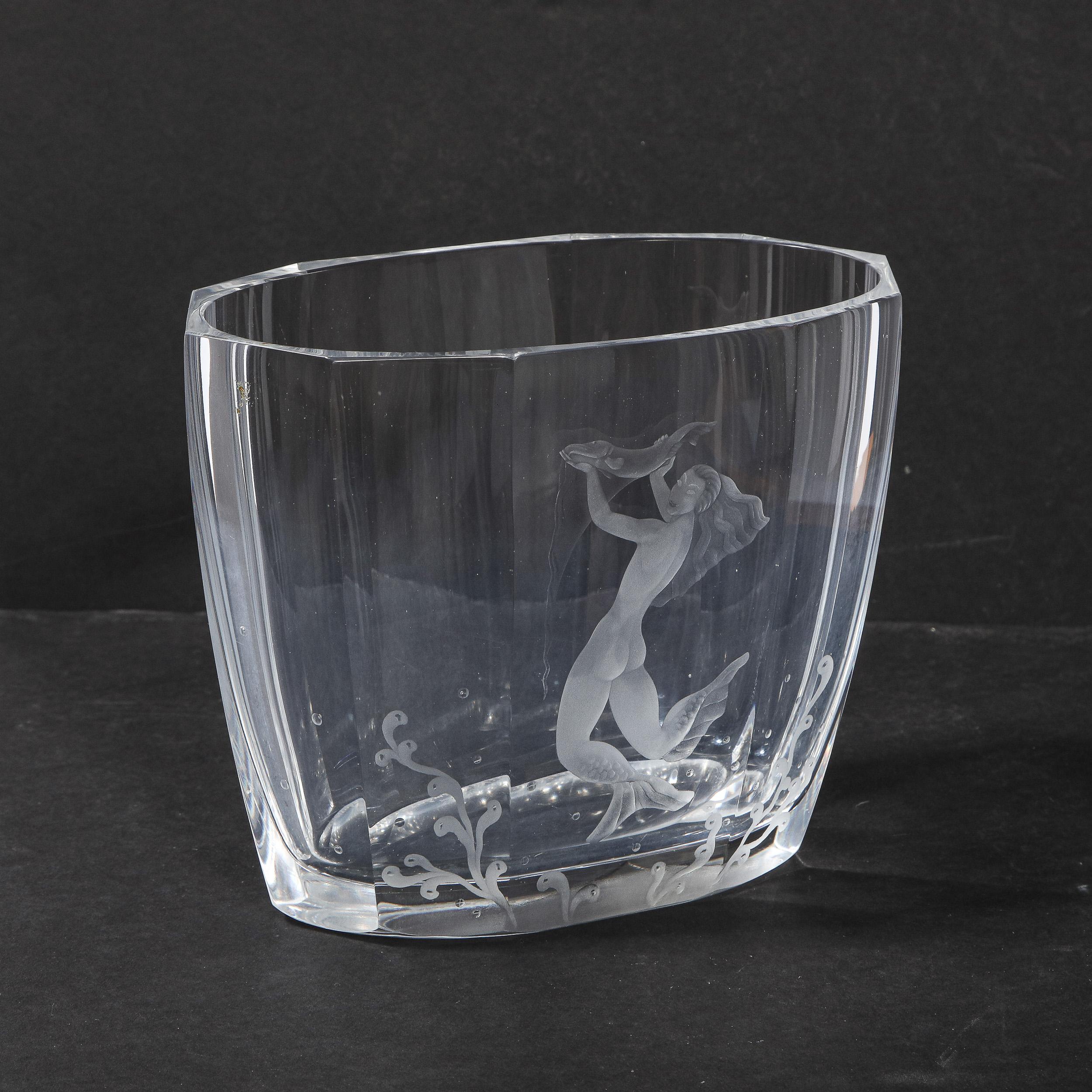 Swedish Mid-Century Modern Faceted Acid Etched Mermaid Vase Sven Palmquist for Orrefors