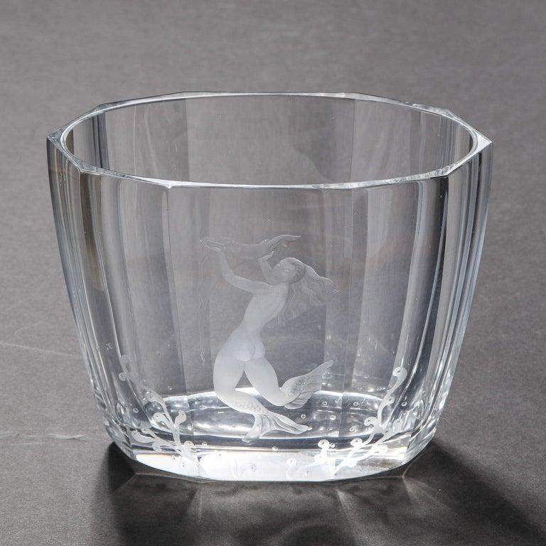 Glass Mid-Century Modern Faceted Acid Etched Mermaid Vase Sven Palmquist for Orrefors For Sale