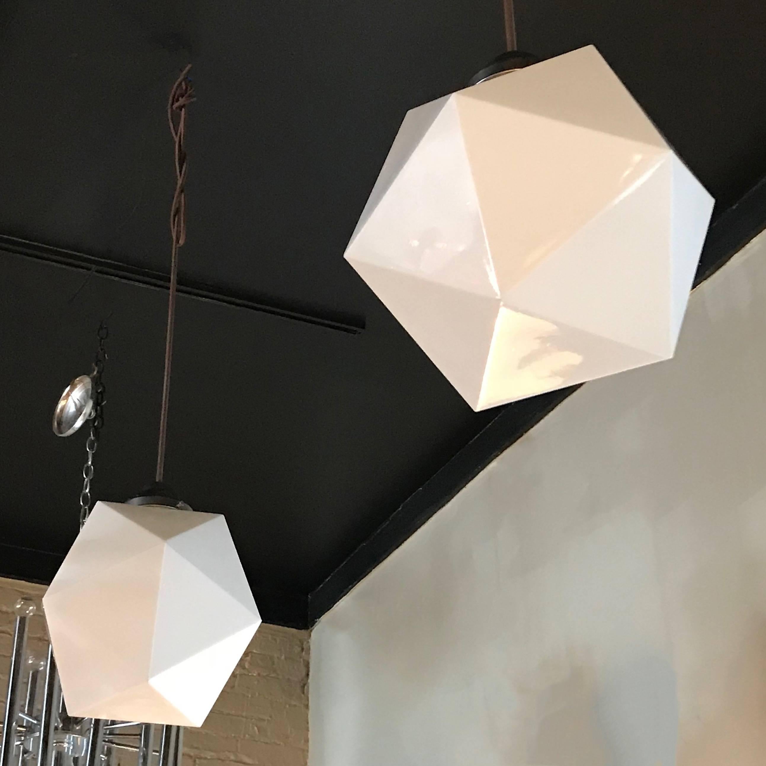 Mid-Century Modern Faceted Milk Glass Geometric Pendant Light In Excellent Condition In Brooklyn, NY