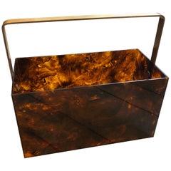 Mid-Century Modern Fake Tortoise Shell Lucite & Brass Magazine Rack, circa 1970