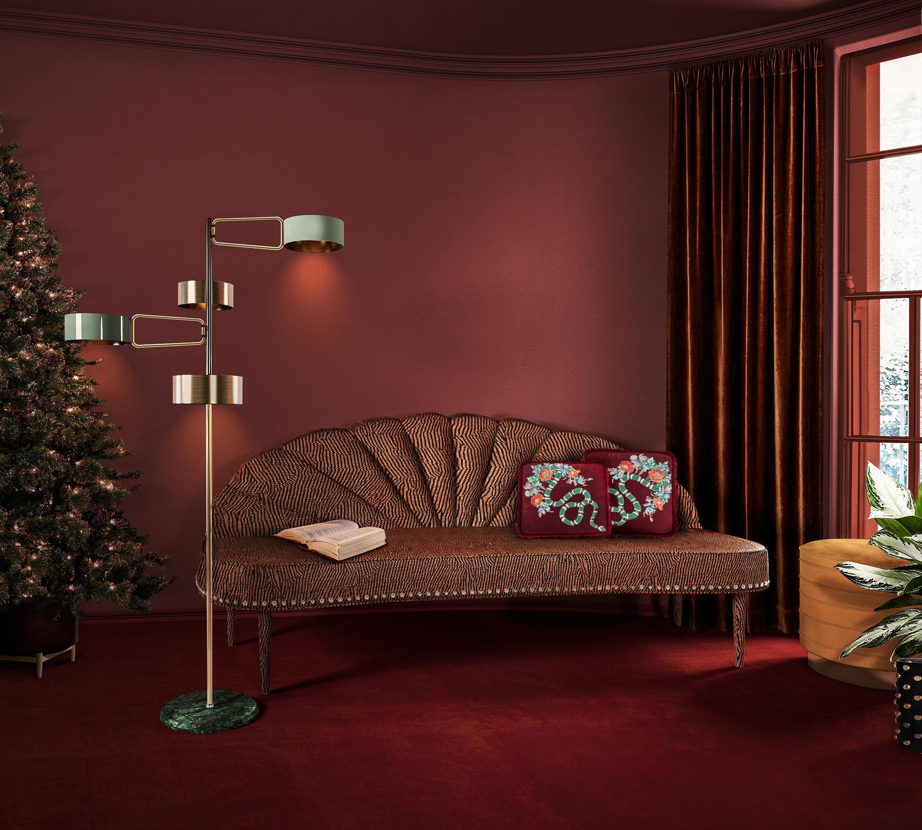 Portuguese Mid-Century Modern Farrah Sofa Cotton Velvet Wood Polished Brass Nails For Sale
