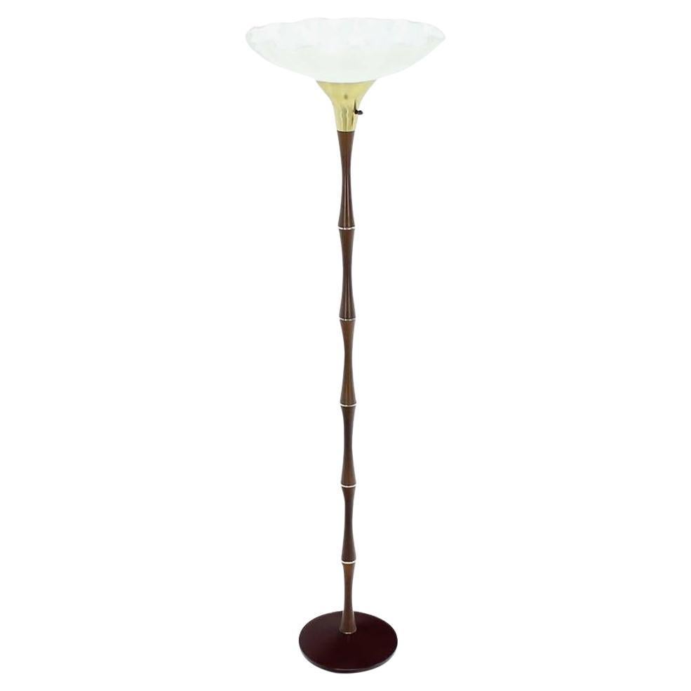 Mid Century Modern Faux Bamboo Base Large Etched Glass Shade Floor Lamp Torchere For Sale