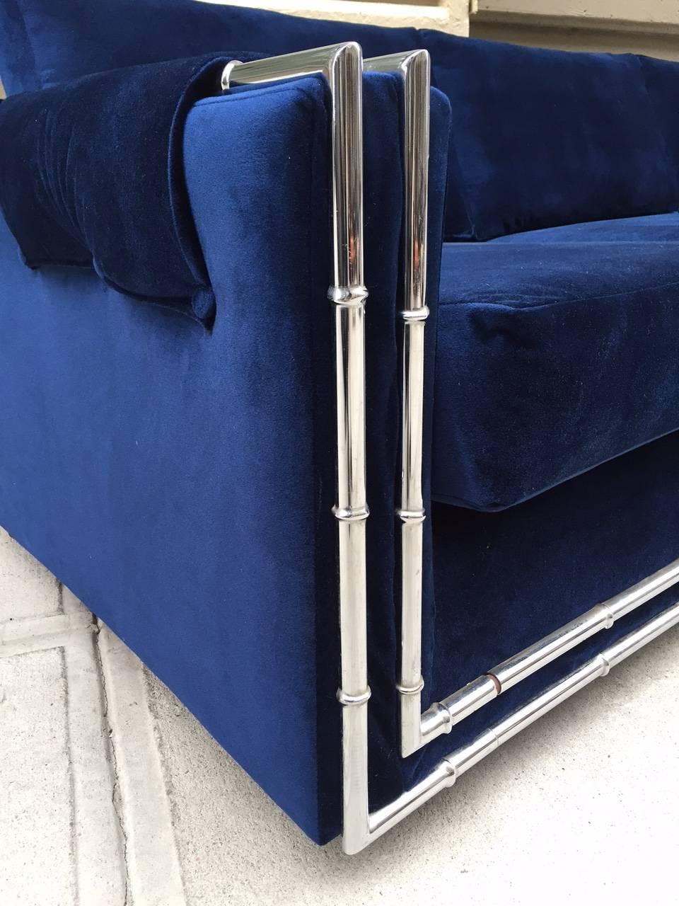 Mid-20th Century Mid-Century Modern Faux Bamboo Blue Velvet Sofa