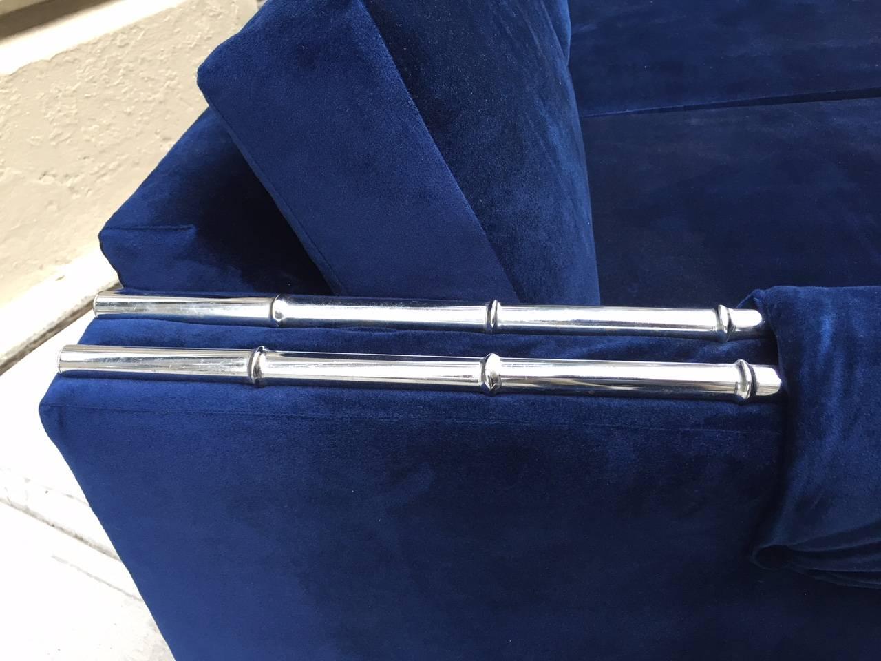 Mid-Century Modern Faux Bamboo Blue Velvet Sofa 1