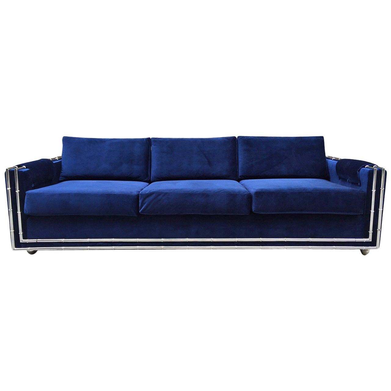 Mid-Century Modern Faux Bamboo Blue Velvet Sofa