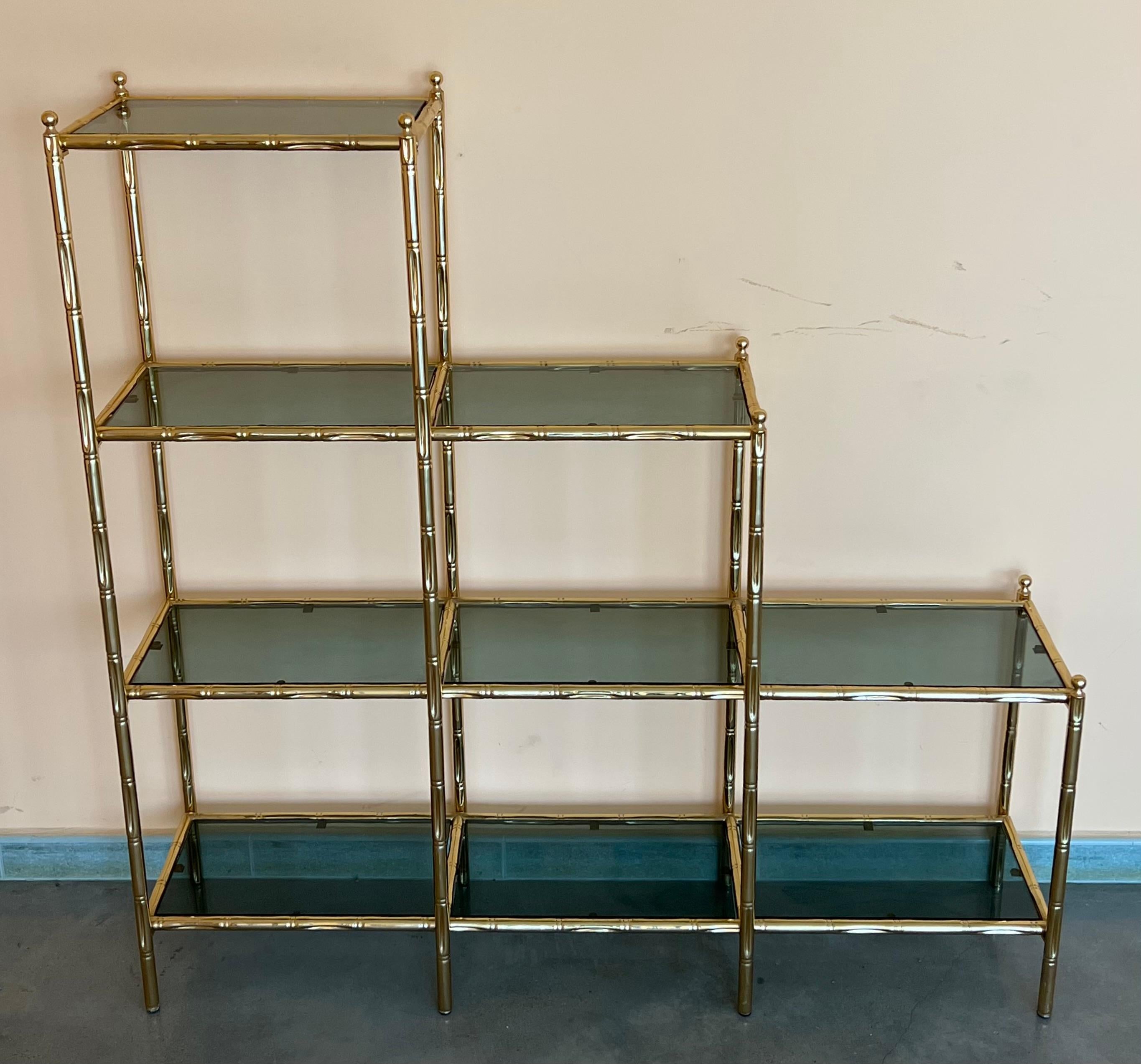 Italian Mid-Century Modern Faux Bamboo Brass Etagere with Stair Form and Smoked Glass For Sale